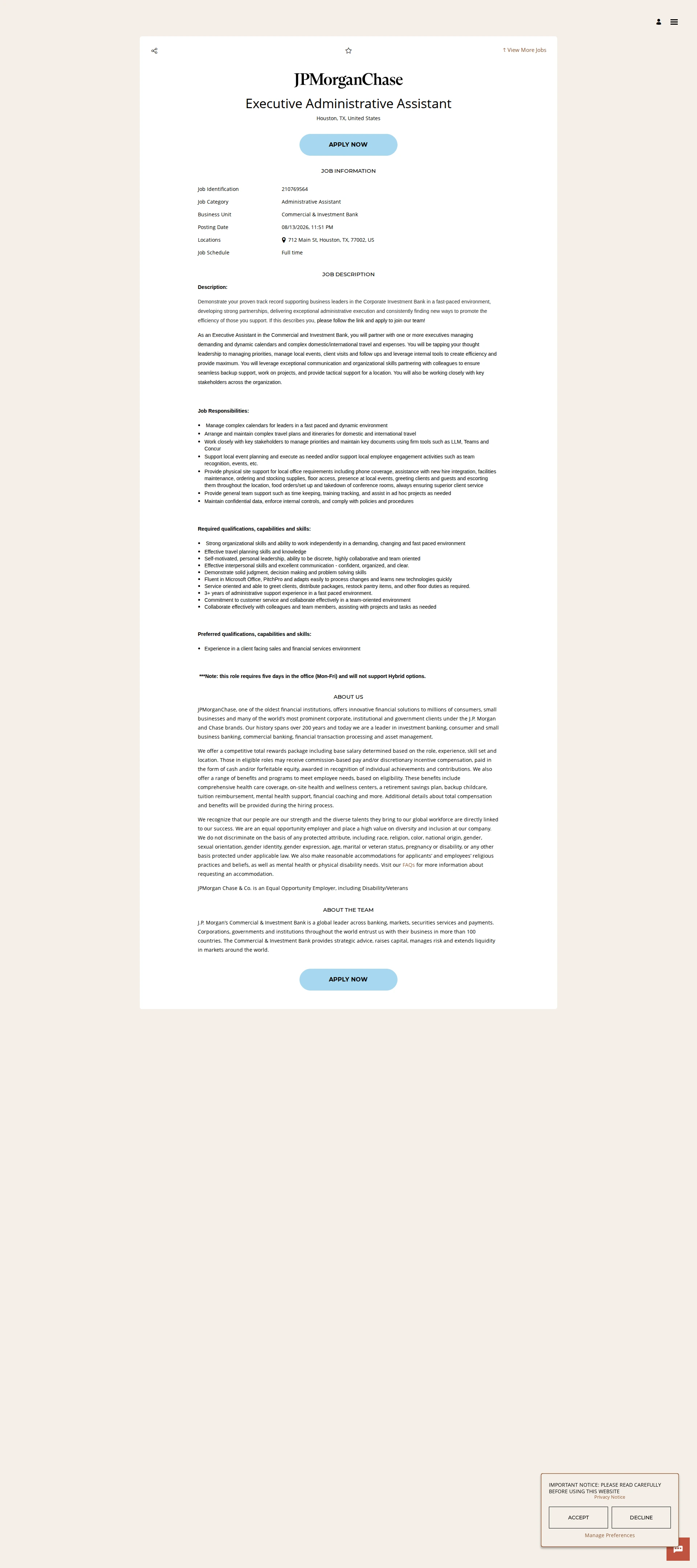 JPMorganChase Executive Administrative Assistant 채용공고