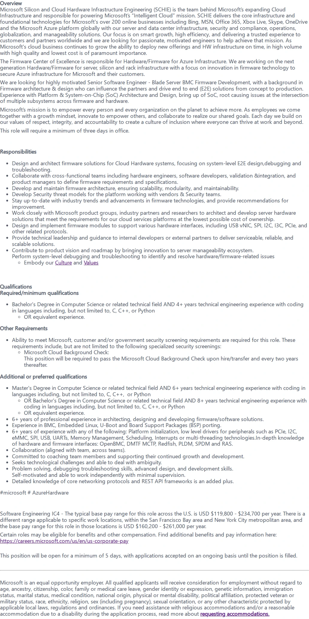 마이크로소프트(Microsoft) Senior Software Engineer - Blade Server BMC Firmware Development 채용공고