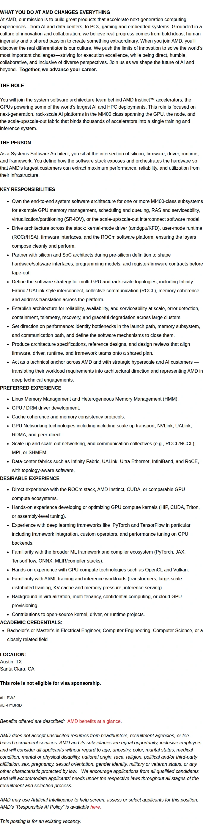 AMD Principal System Software Architect, AI/GPU Platforms 채용공고