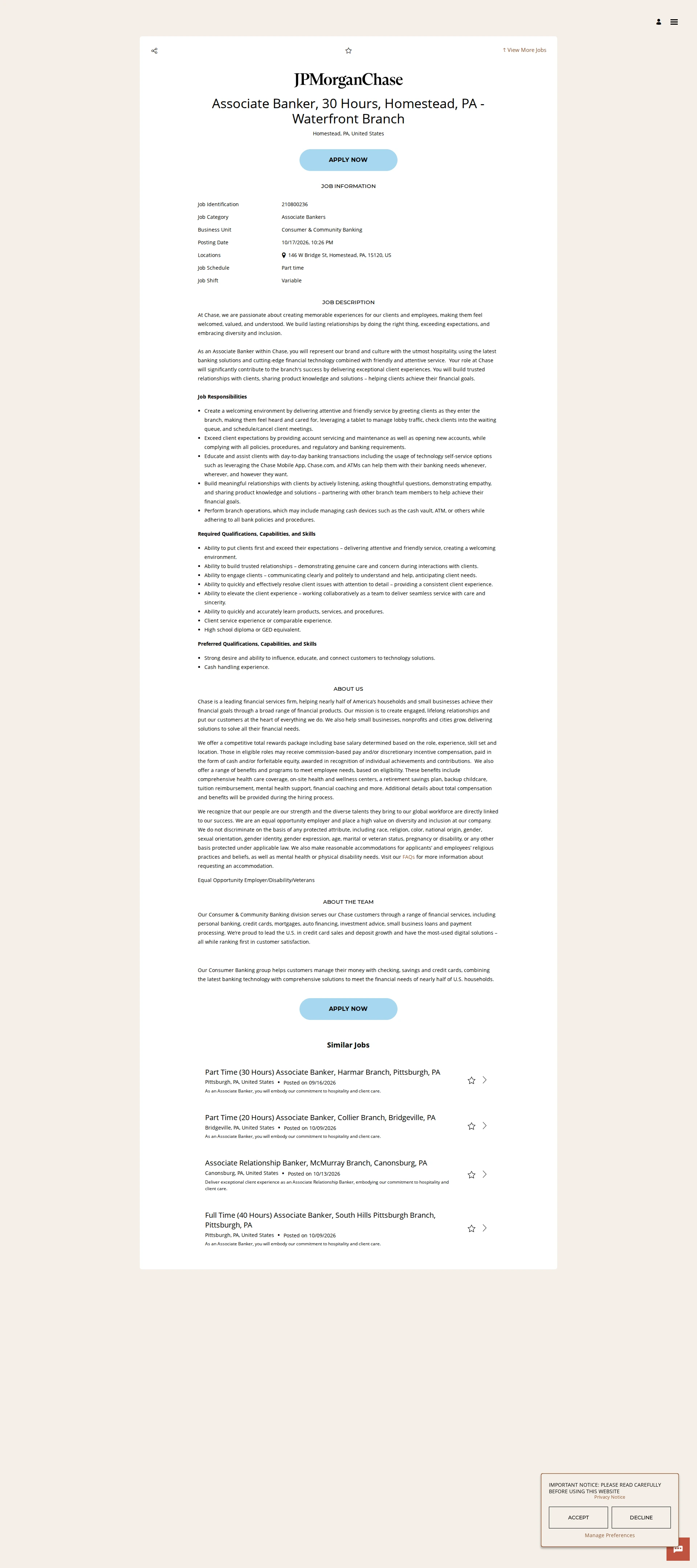 JPMorganChase Associate Banker, 30 Hours, Homestead, PA - Waterfront Branch 채용공고