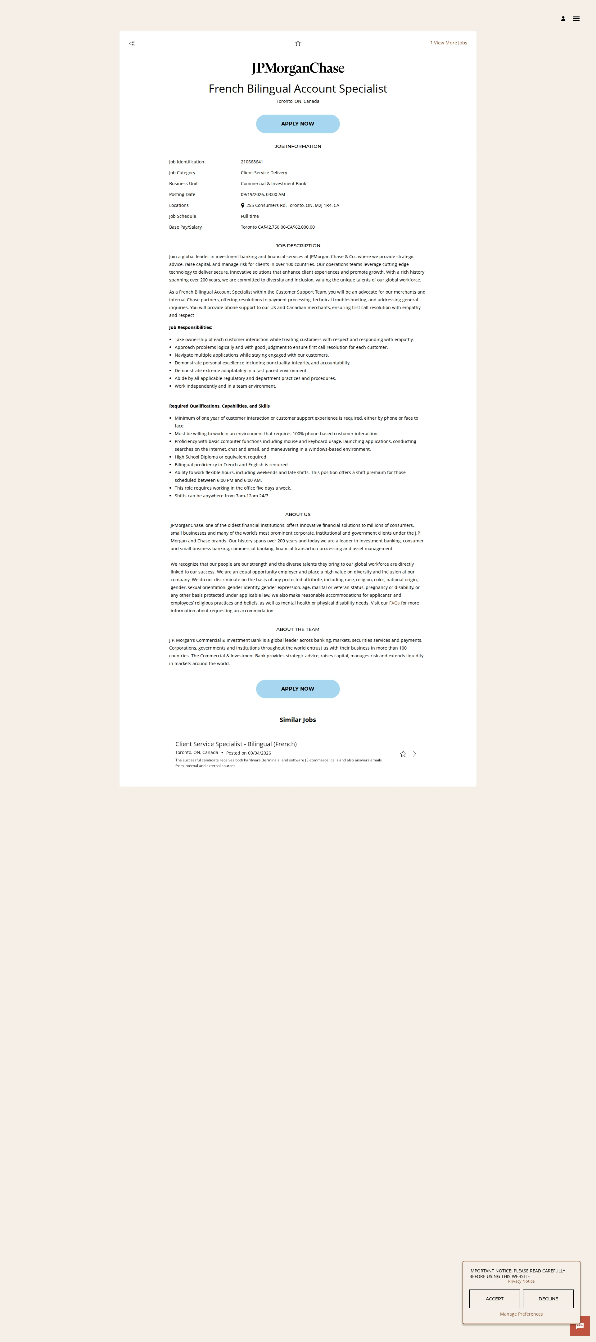 JPMorganChase French Bilingual Account Specialist 채용공고