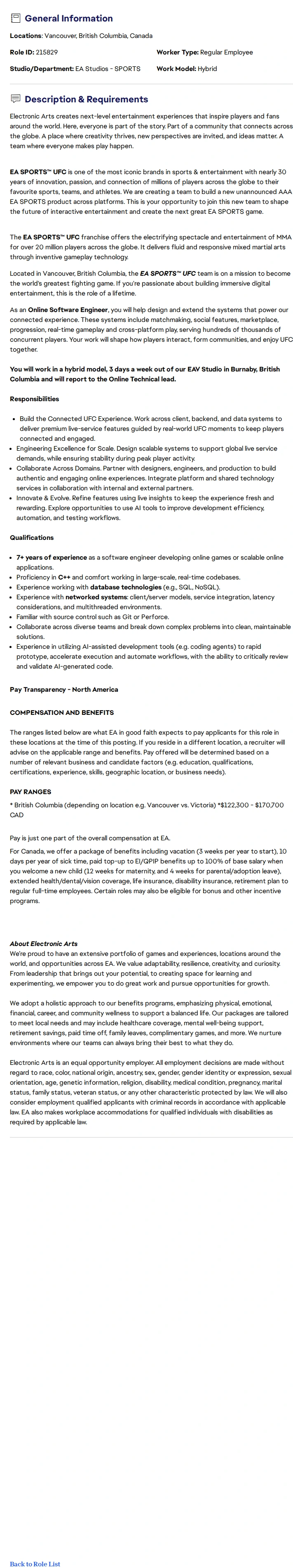 ElectronicArts Online Software Engineer - EA SPORTS™ UFC 채용공고