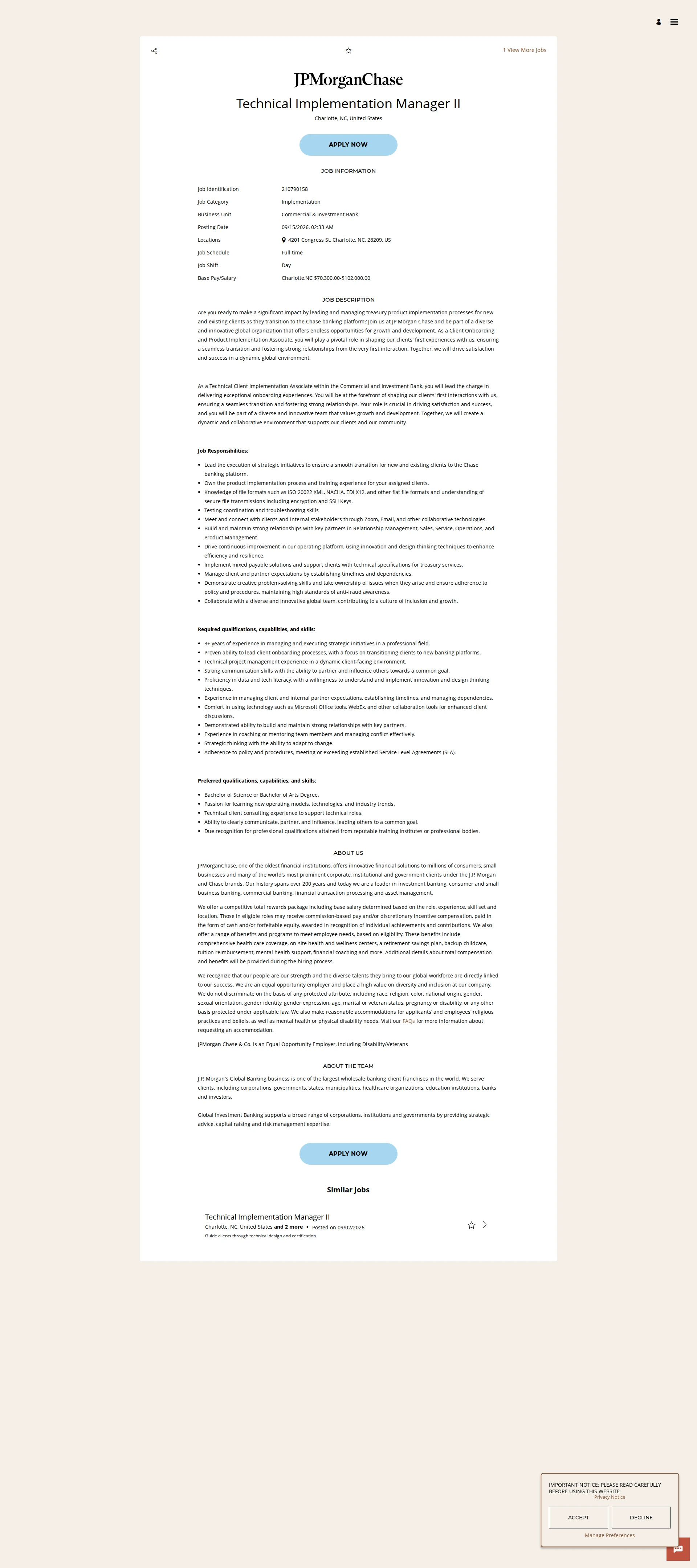 JPMorganChase Technical Implementation Manager II 채용공고