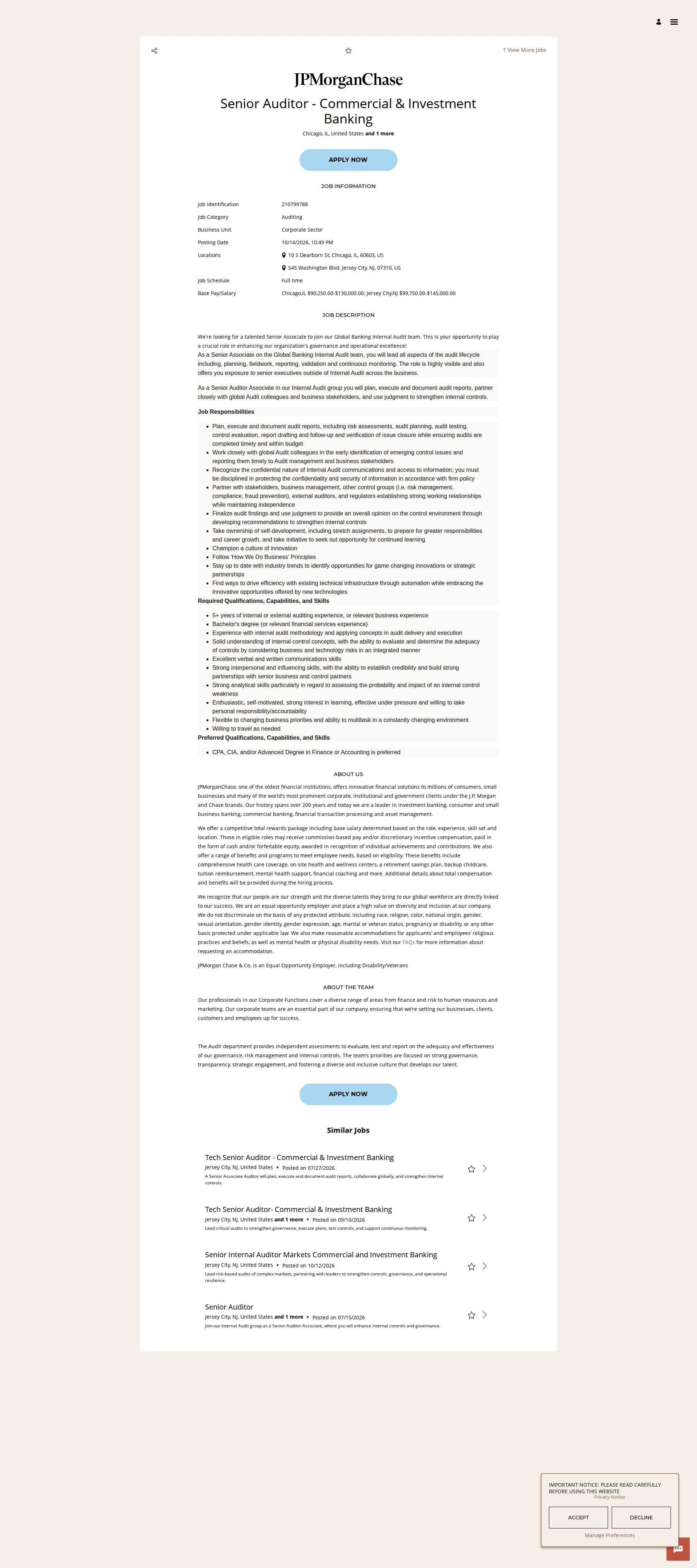 JPMorganChase Senior Auditor - Commercial & Investment Banking 채용공고