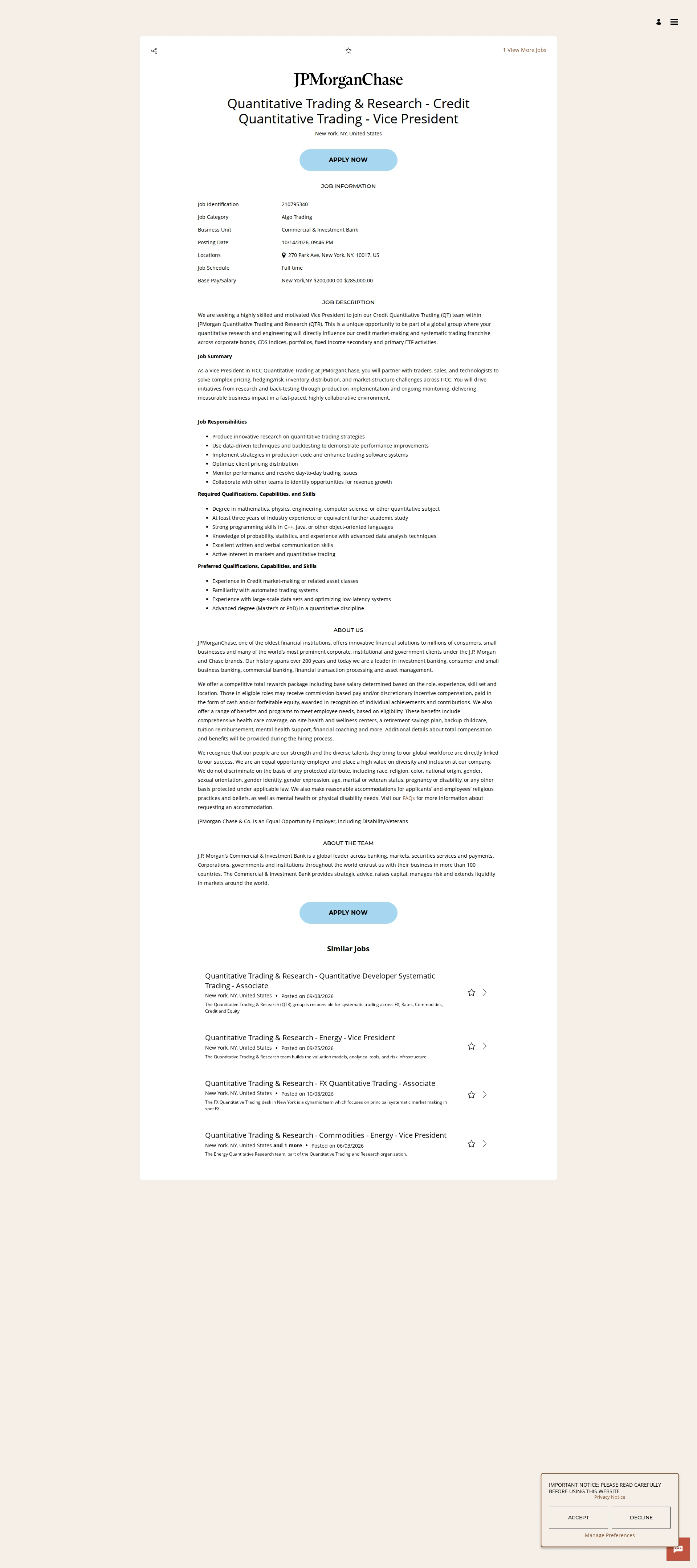 JPMorganChase Quantitative Trading & Research - Credit Quantitative Trading - Vice President 채용공고