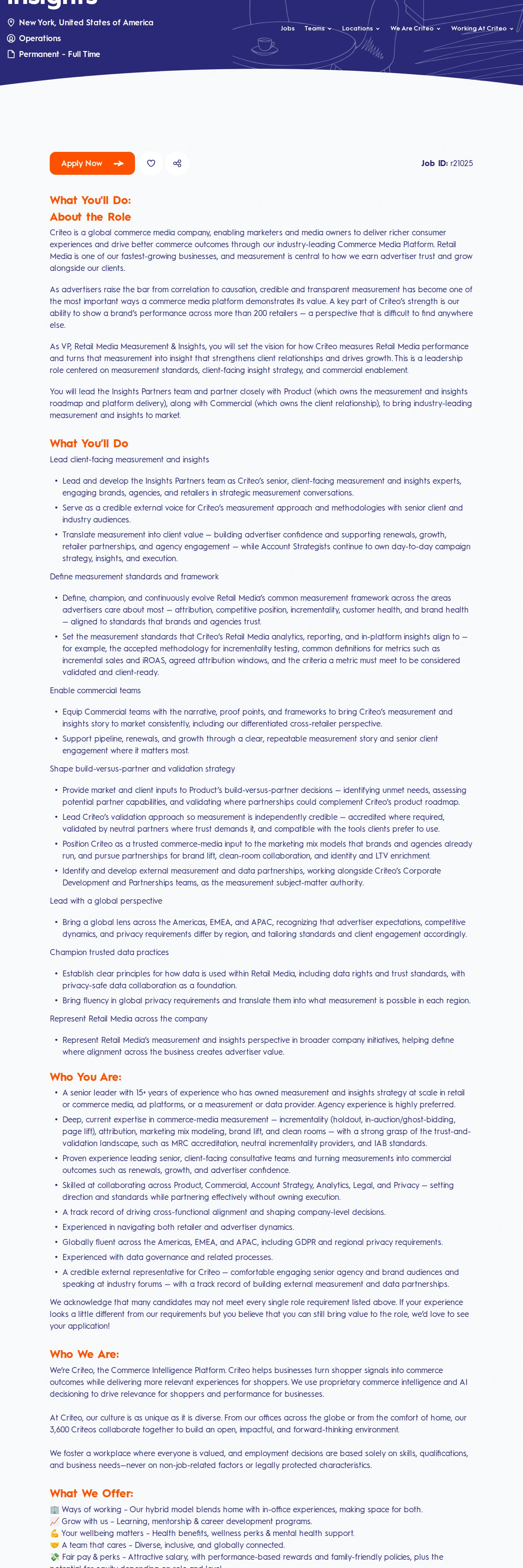 크리테오 Vice President, Retail Media Measurements & Insights 채용공고