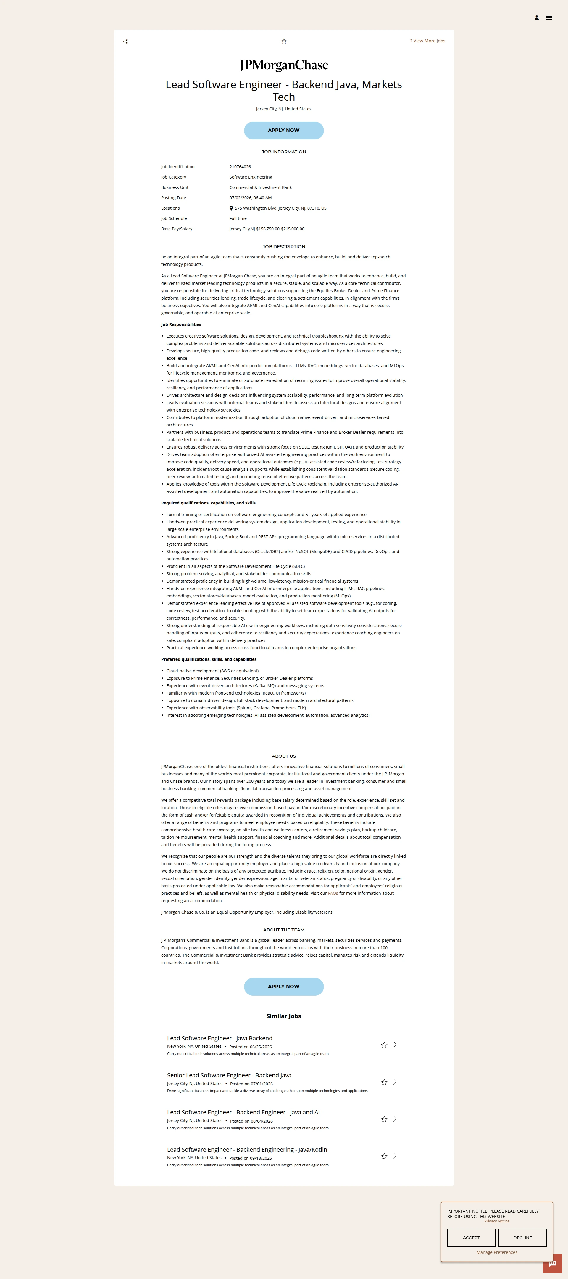 JPMorganChase Lead Software Engineer - Backend Java, Markets Tech 채용공고