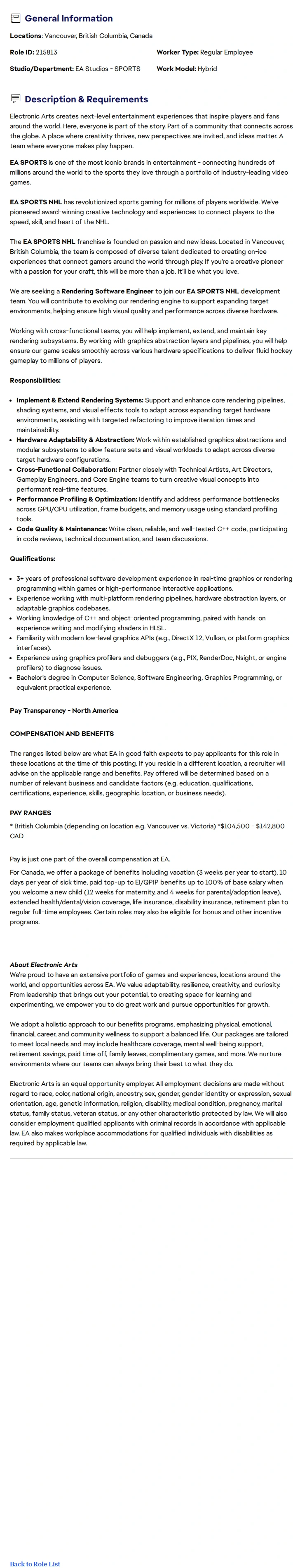 ElectronicArts Rendering Software Engineer - EA SPORTS™ NHL 채용공고
