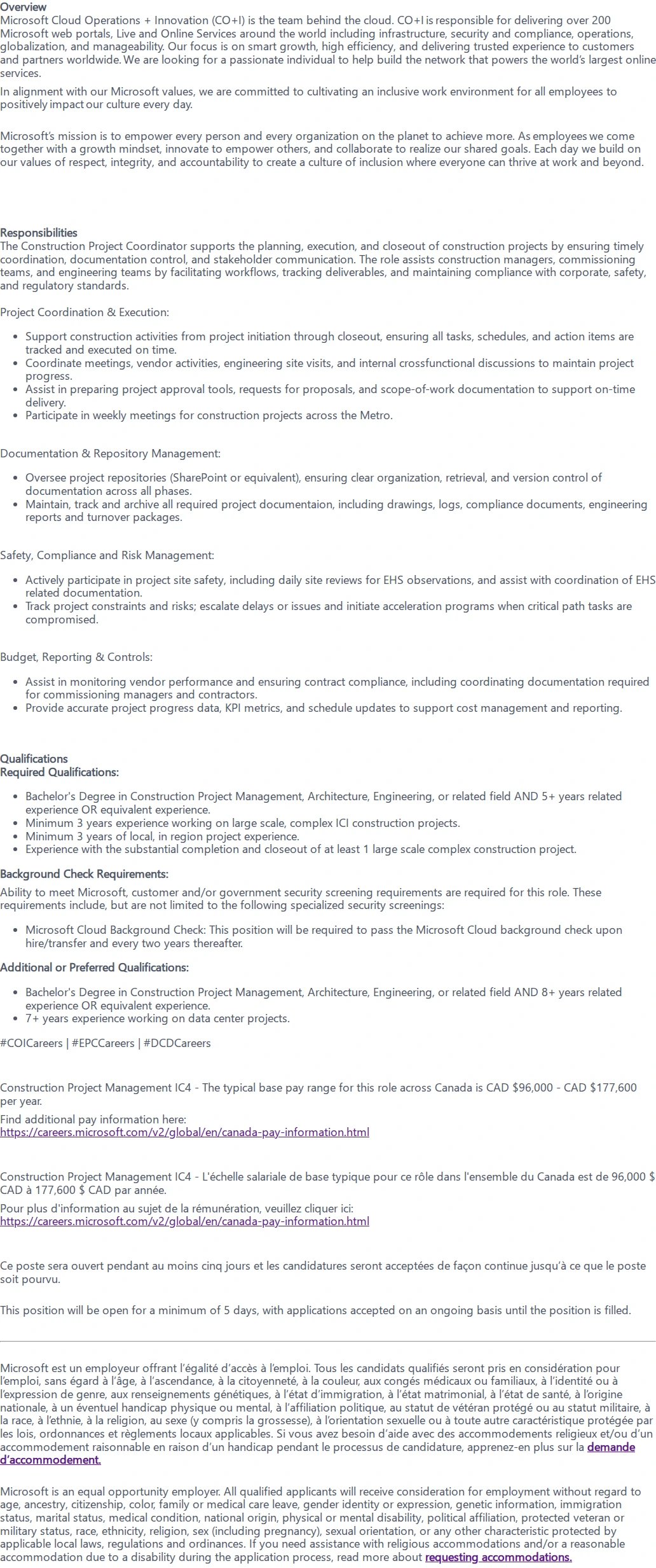 마이크로소프트(Microsoft) Construction Project Coordinator 채용공고