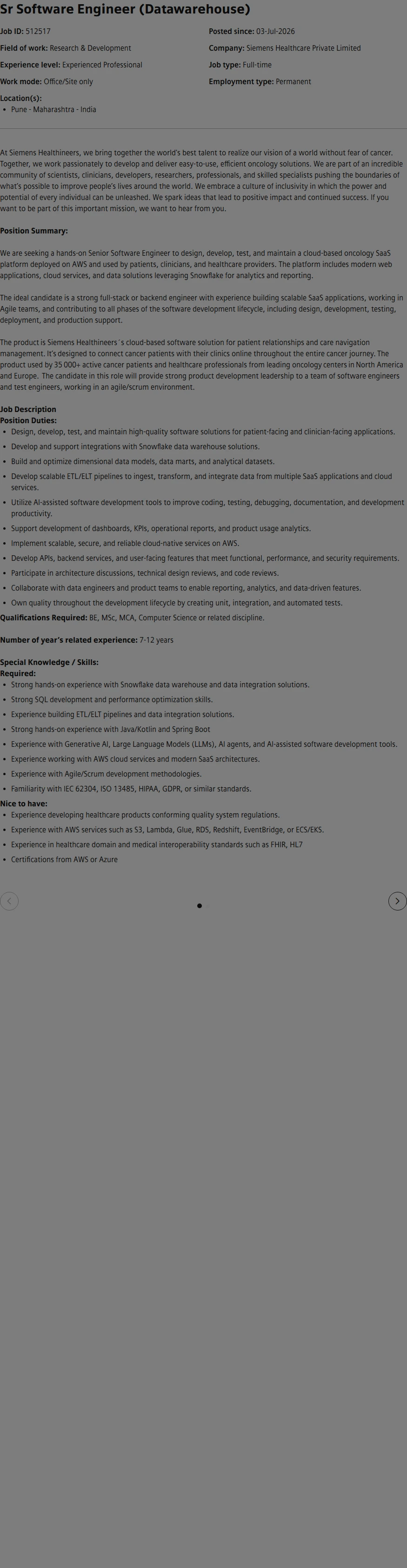SiemensHealthineers Sr Software Engineer (Datawarehouse) 채용공고