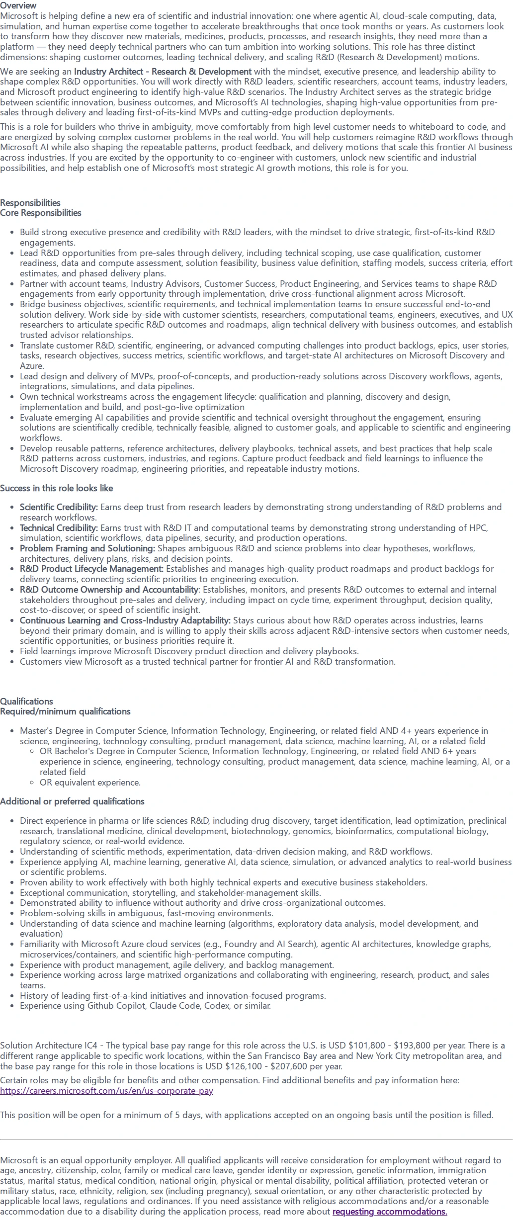 마이크로소프트(Microsoft) Industry Architect - Research & Development 채용공고