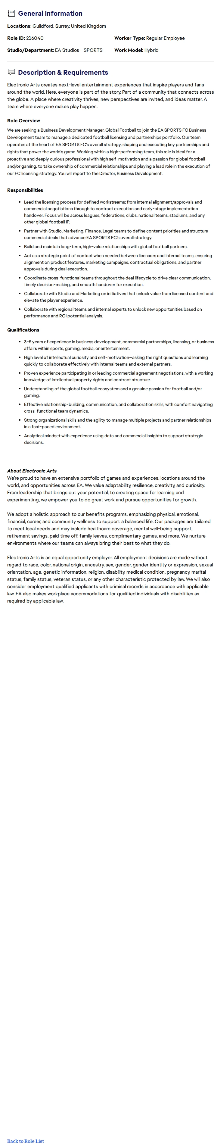 ElectronicArts Business Development Manager, Global Football 채용공고