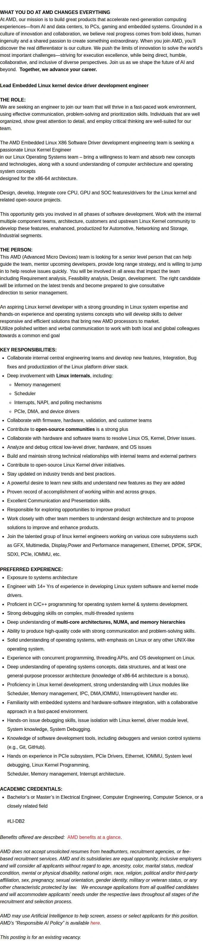 AMD Lead/Sr Lead Embedded Linux kernel device driver development engineer 채용공고