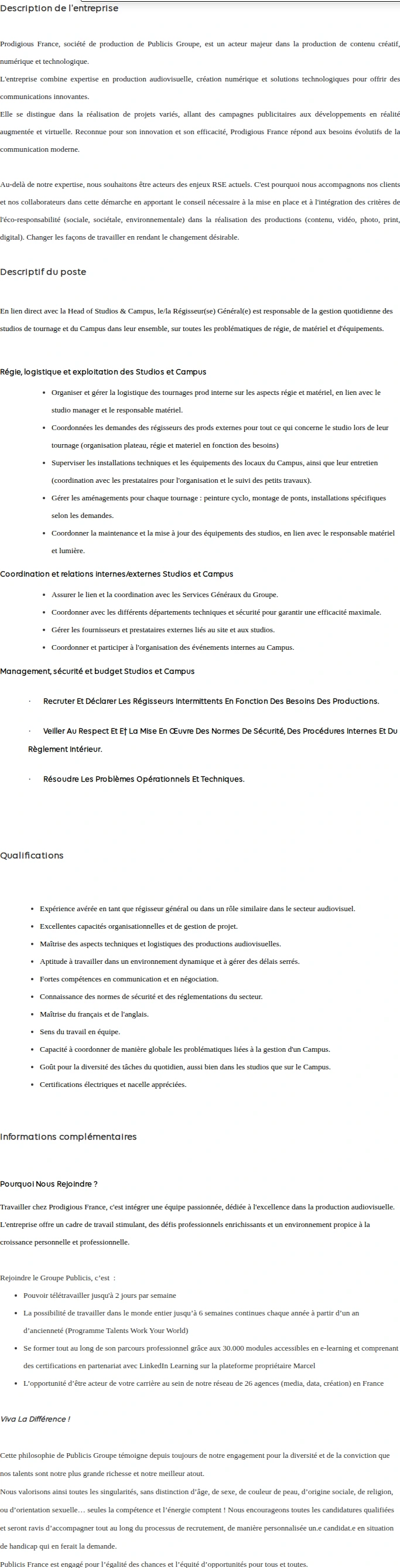 Publicis Groupe Régisseur Général Studios & Campus H/F 채용공고