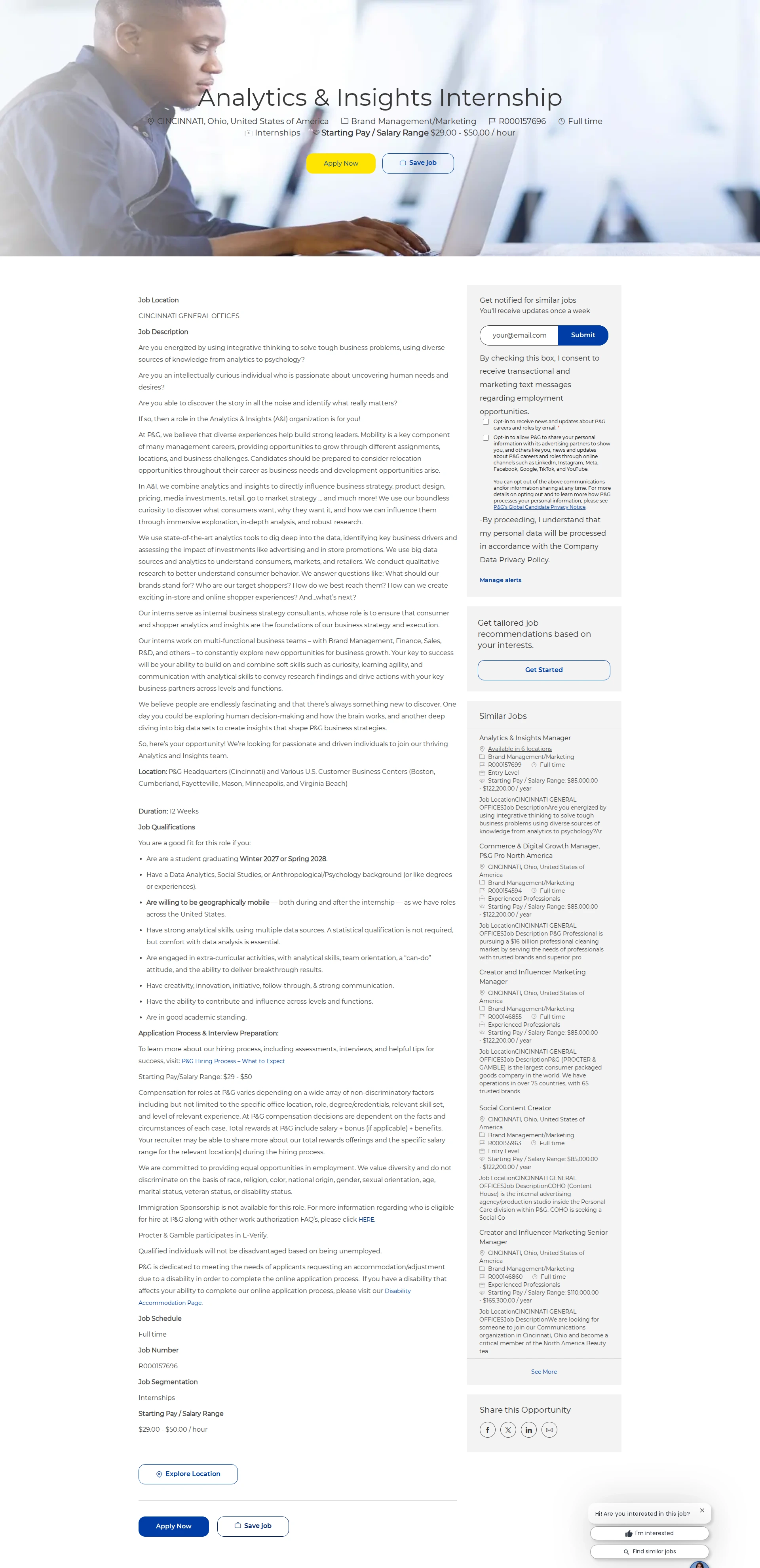 P&G Analytics & Insights Internship 채용공고