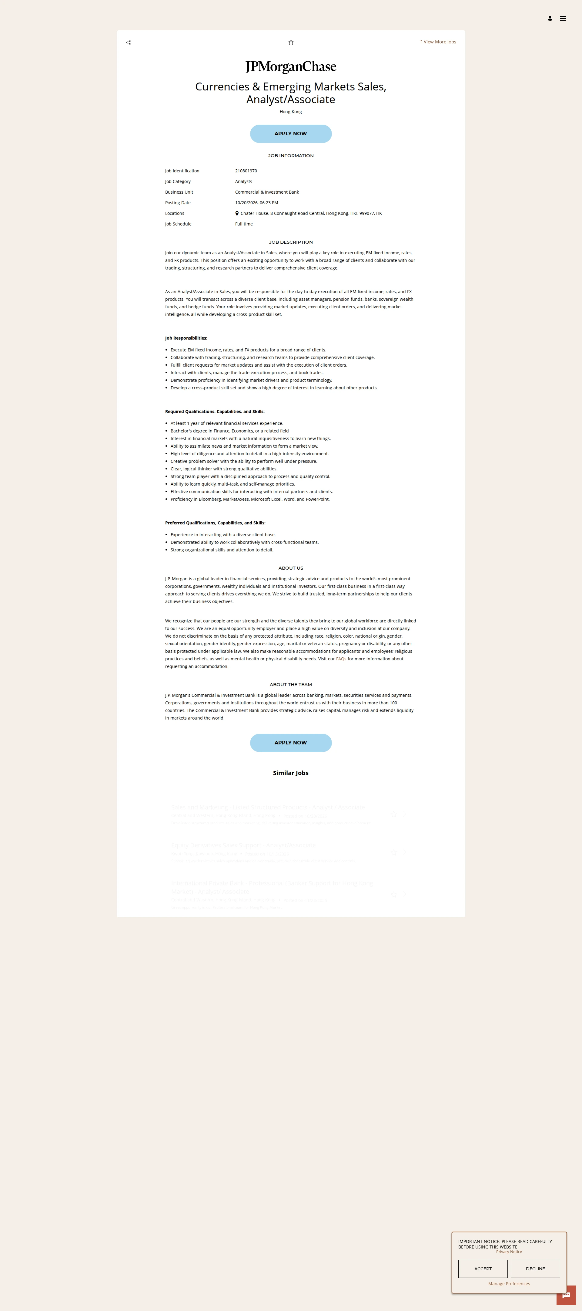 JPMorganChase Currencies & Emerging Markets Sales, Analyst/Associate 채용공고