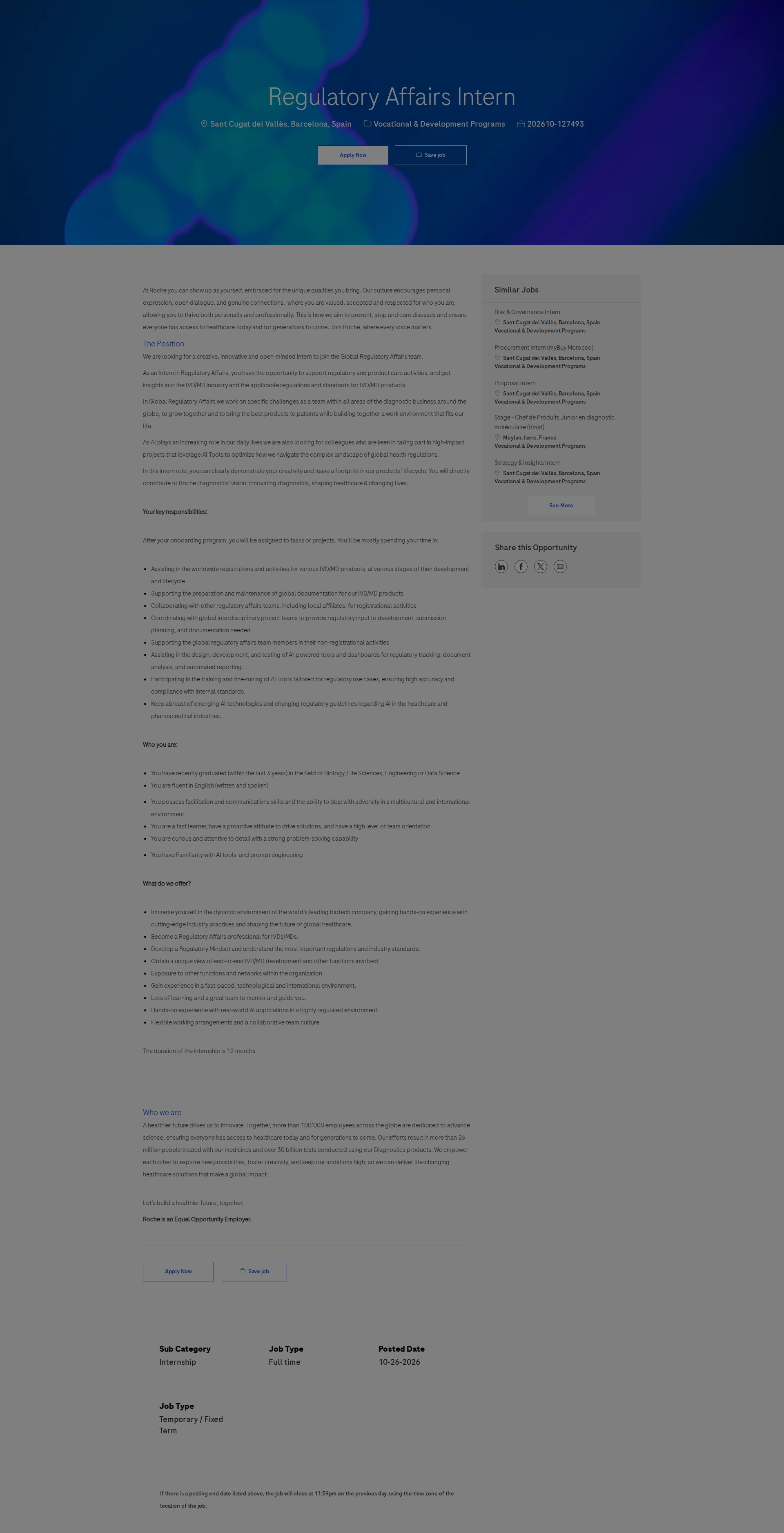 로슈 Regulatory Affairs Intern 채용공고