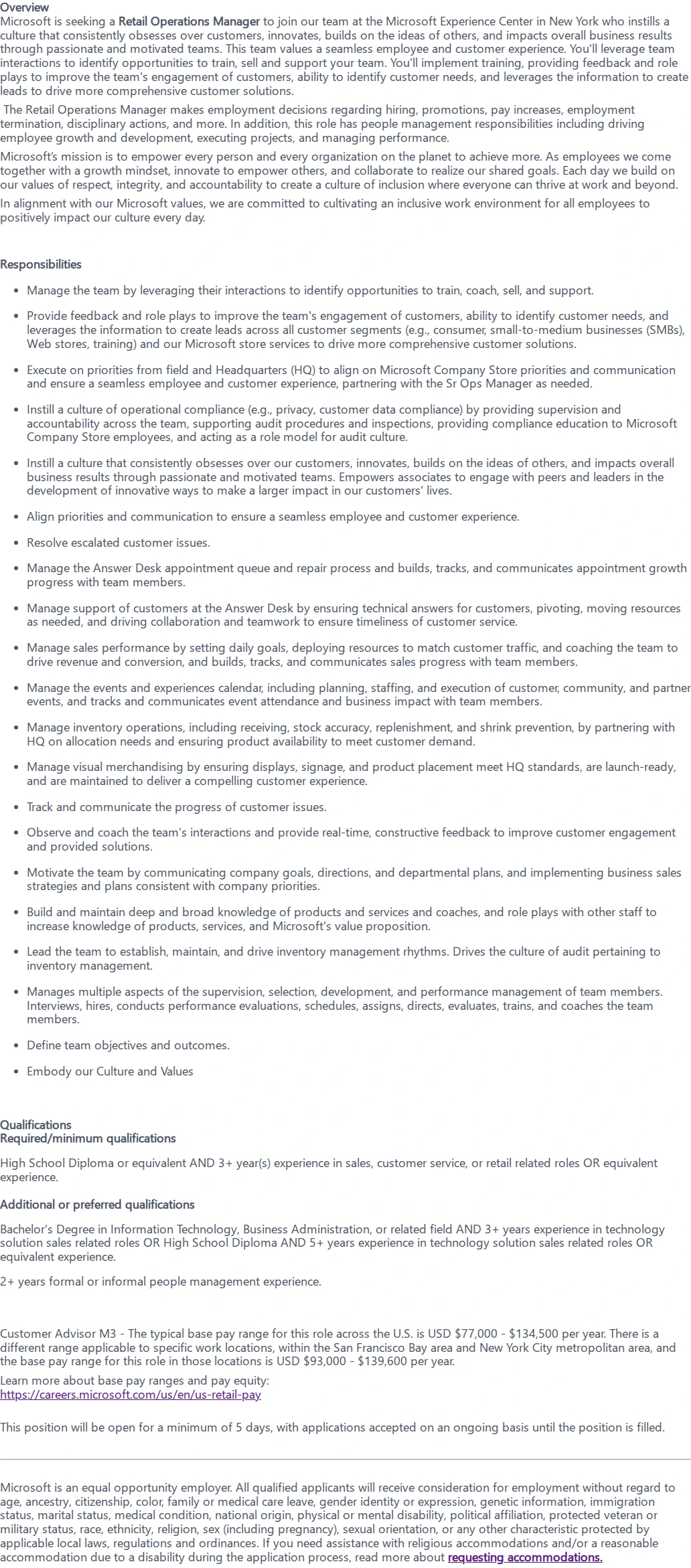 마이크로소프트(Microsoft) Retail Operations Manager 채용공고