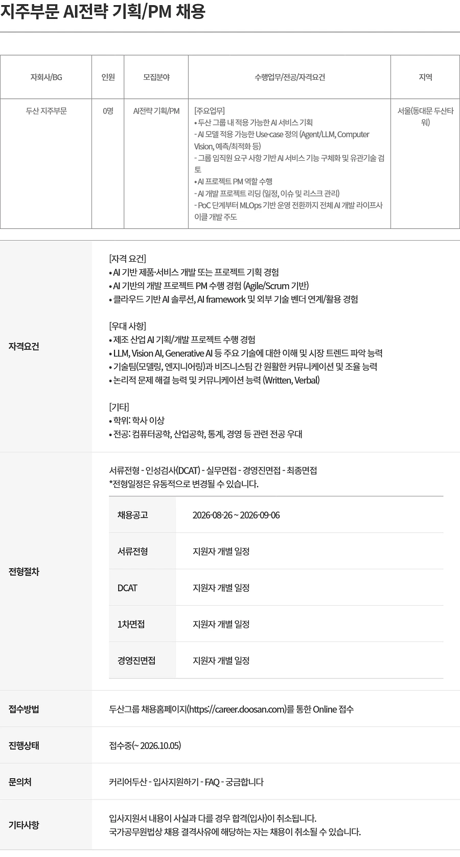 두산 지주부문 AI전략 기획/PM 채용 채용공고