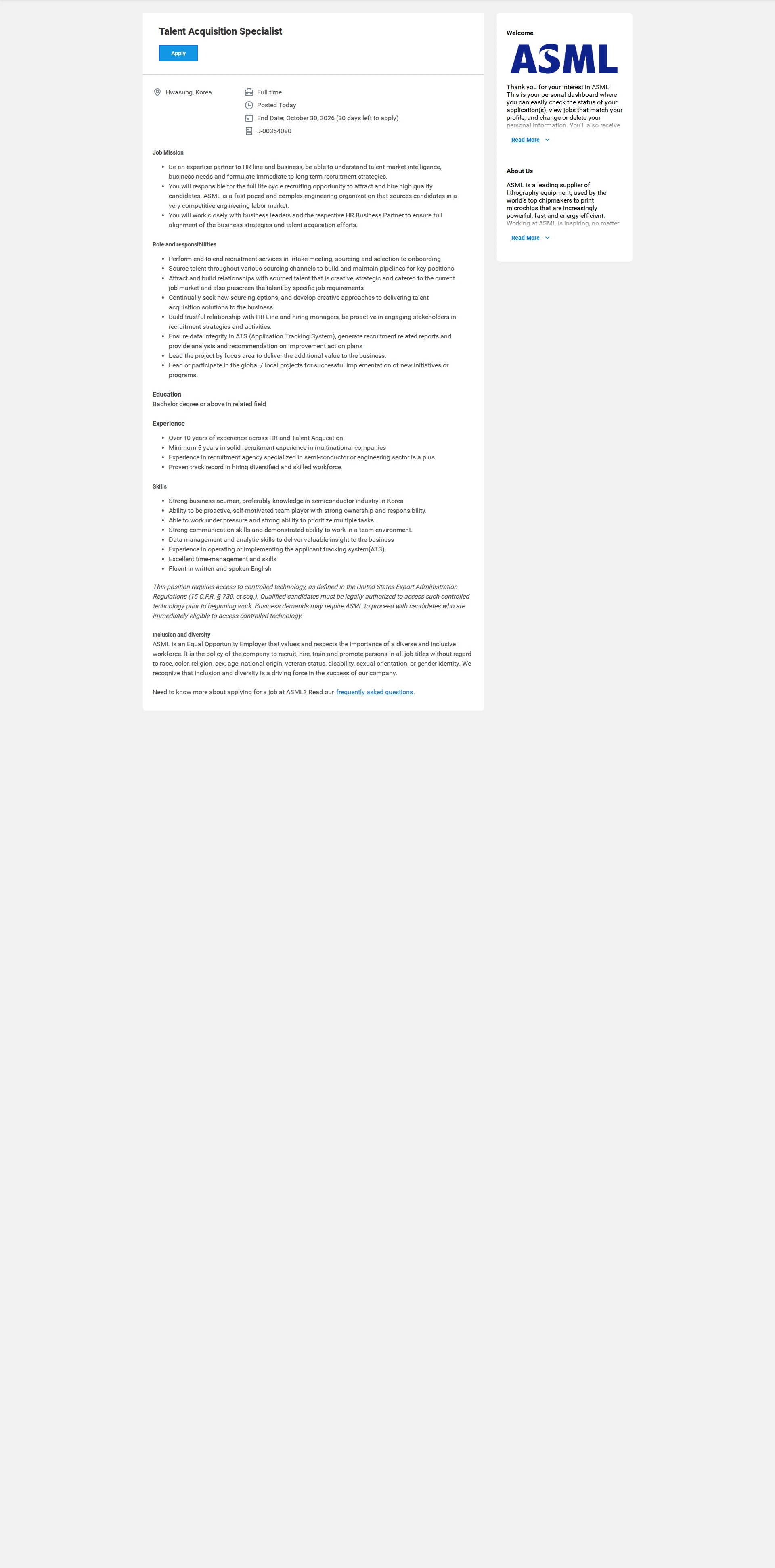 ASML Talent Acquisition Specialist 채용공고