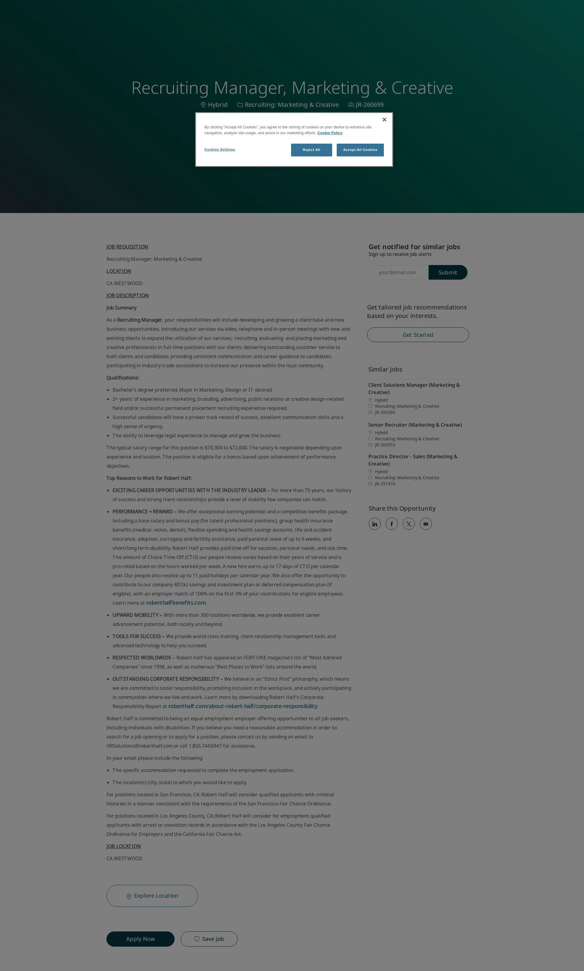 Robert Half Recruiting Manager, Marketing & Creative 채용공고
