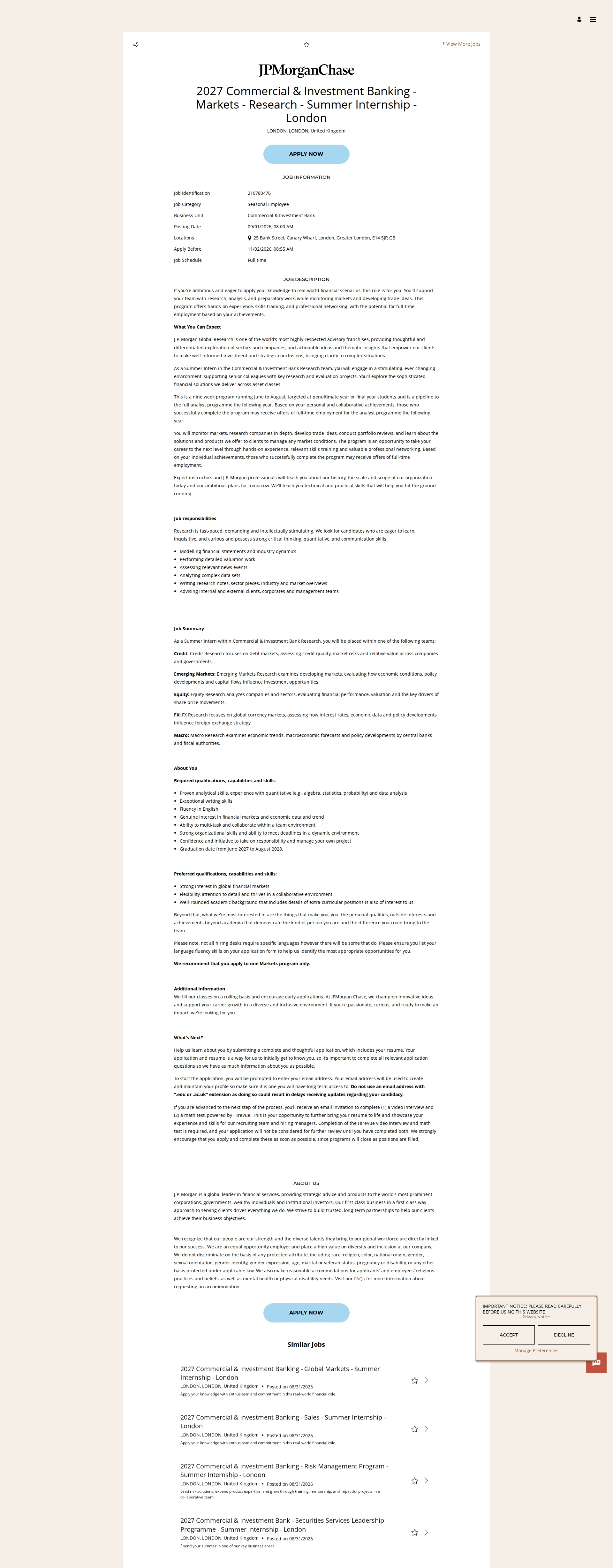 JPMorganChase 2027 Commercial & Investment Banking - Markets - Research - Summer Internship - London 채용공고