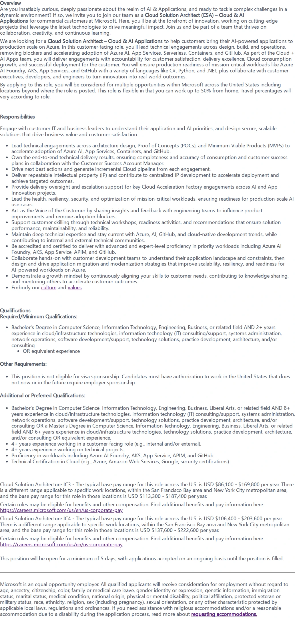 마이크로소프트(Microsoft) Cloud Solution Architect - Cloud & AI Applications 채용공고
