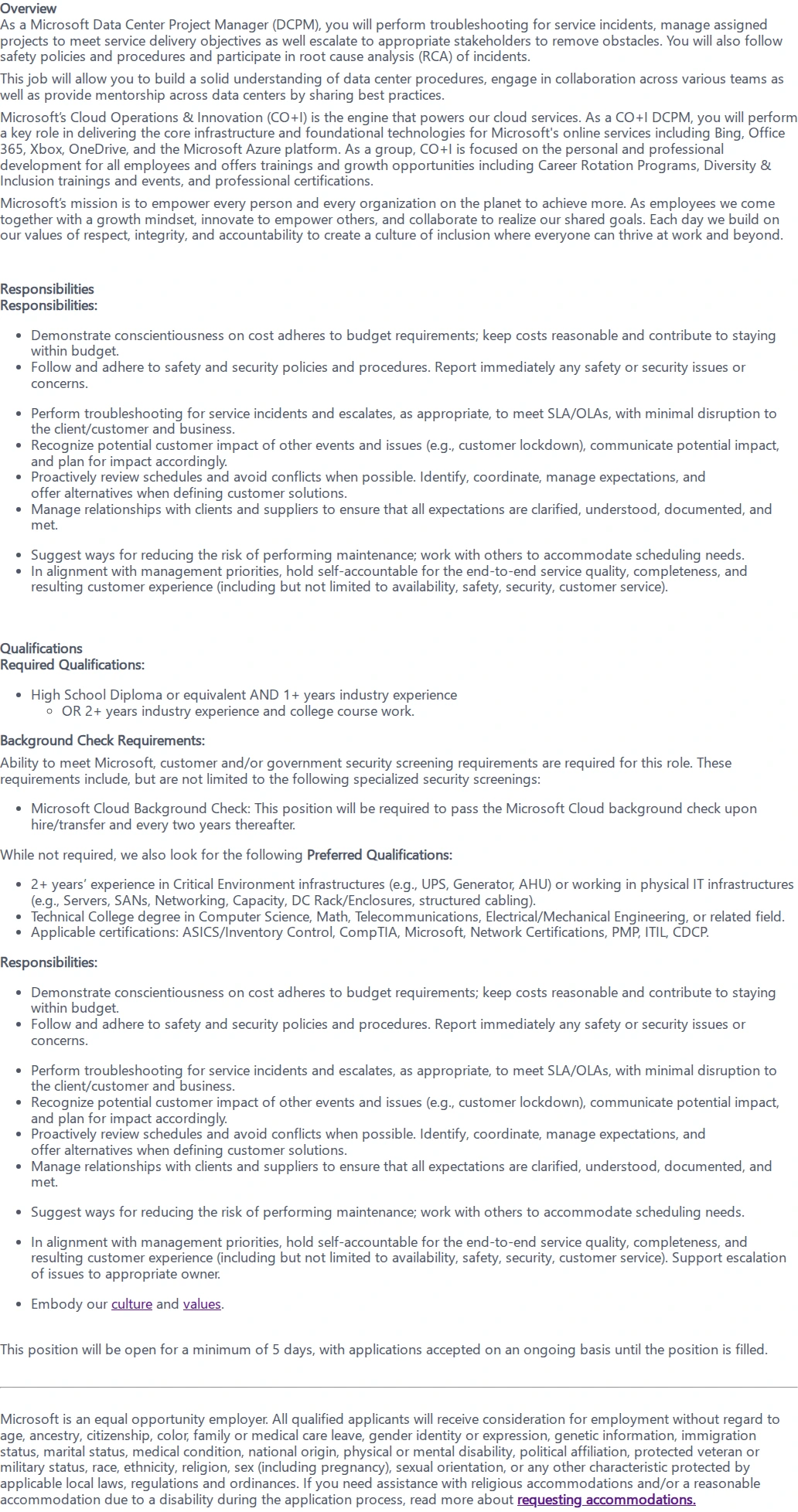마이크로소프트(Microsoft) Data Center Project Manager 채용공고