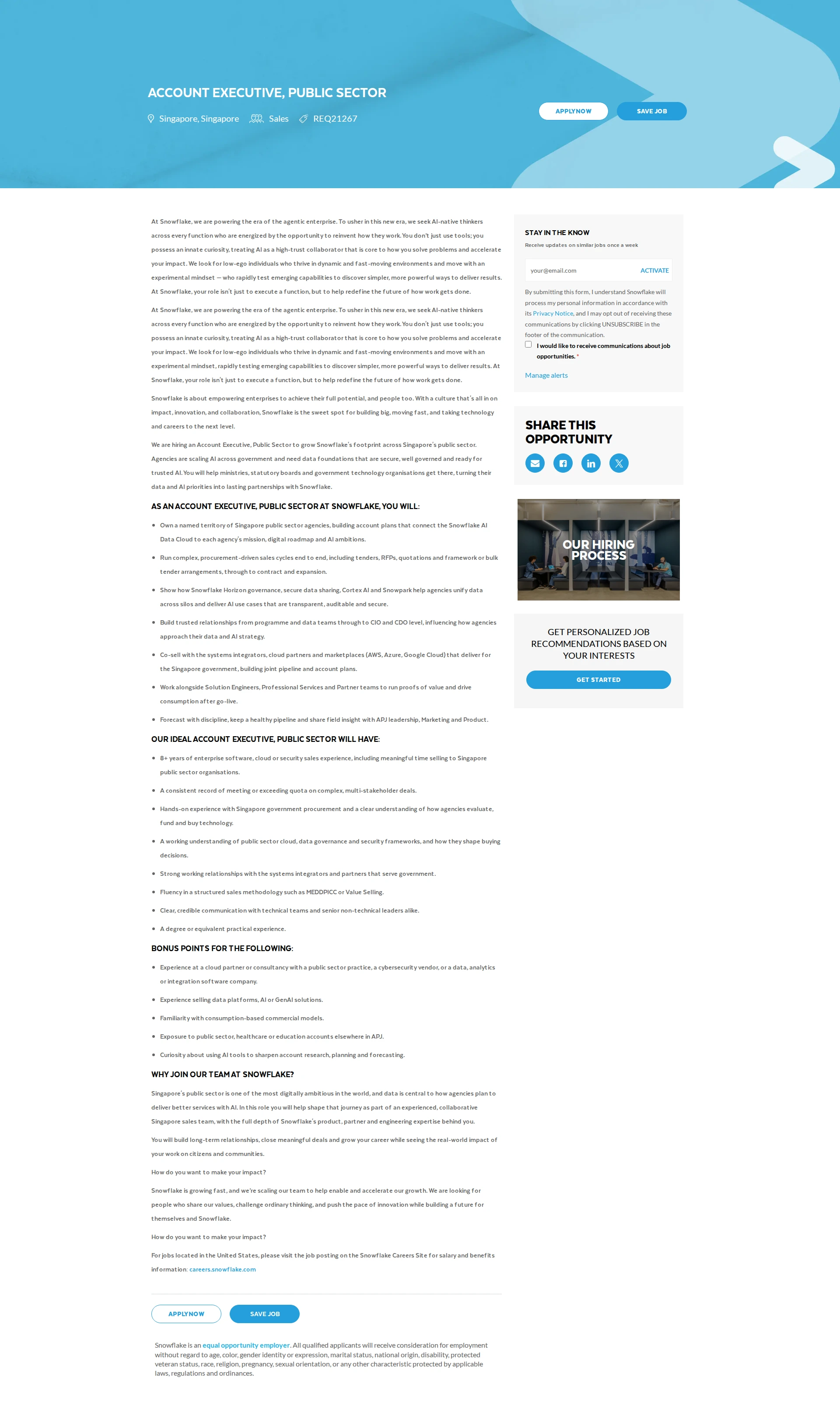 스노우플레이크 Account Executive, Public Sector 채용공고