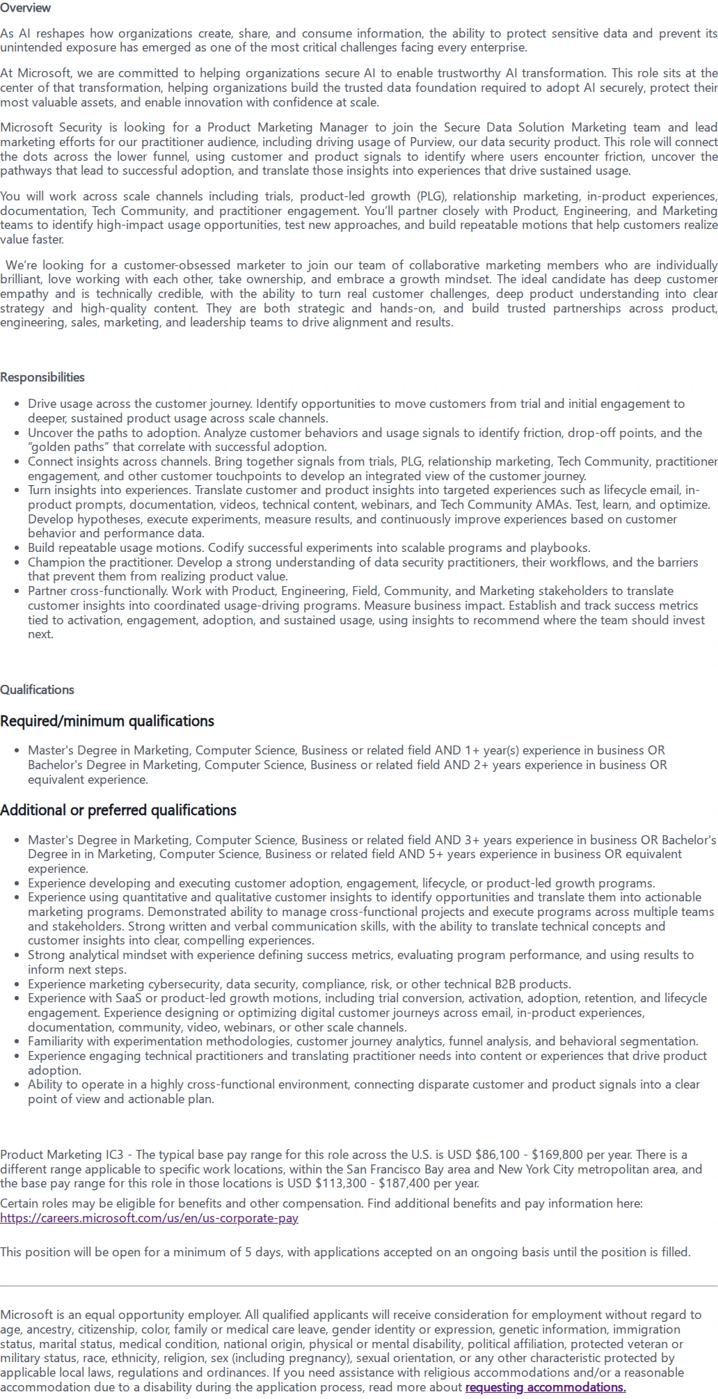 마이크로소프트(Microsoft) Product Marketing Manager - Secure Data 채용공고