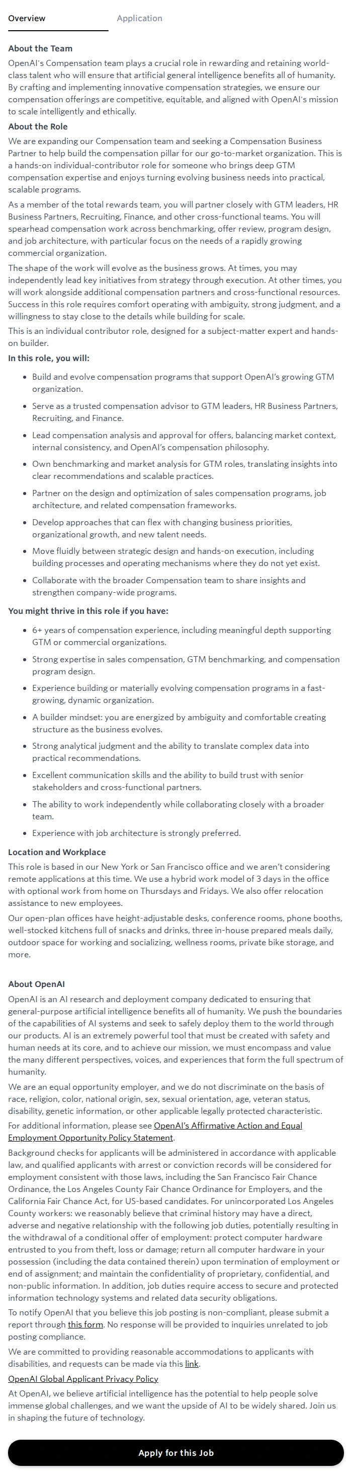 오픈에이아이(OpenAI) Compensation Business Partner, GTM 채용공고