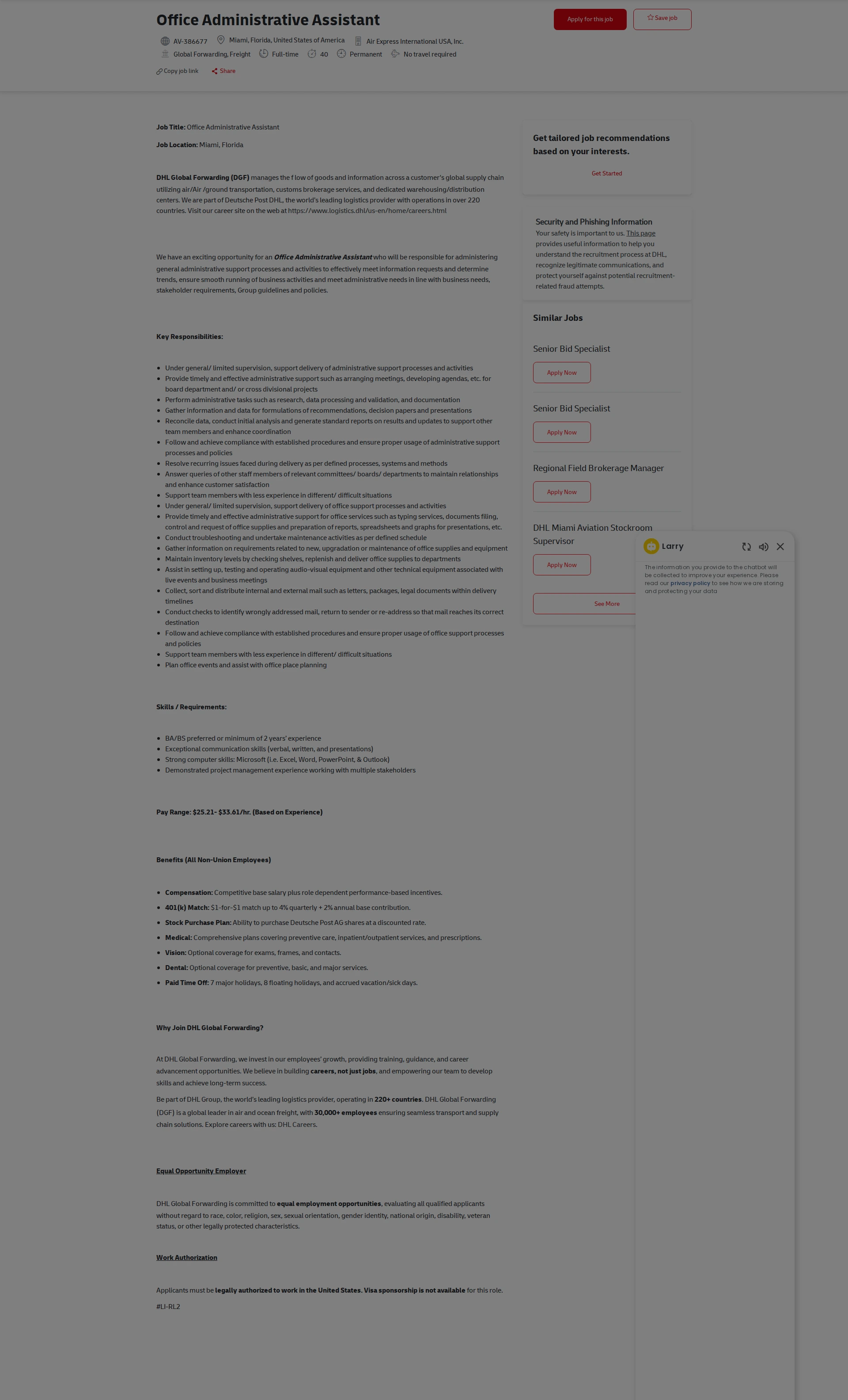 DHL Office Administrative Assistant 채용공고