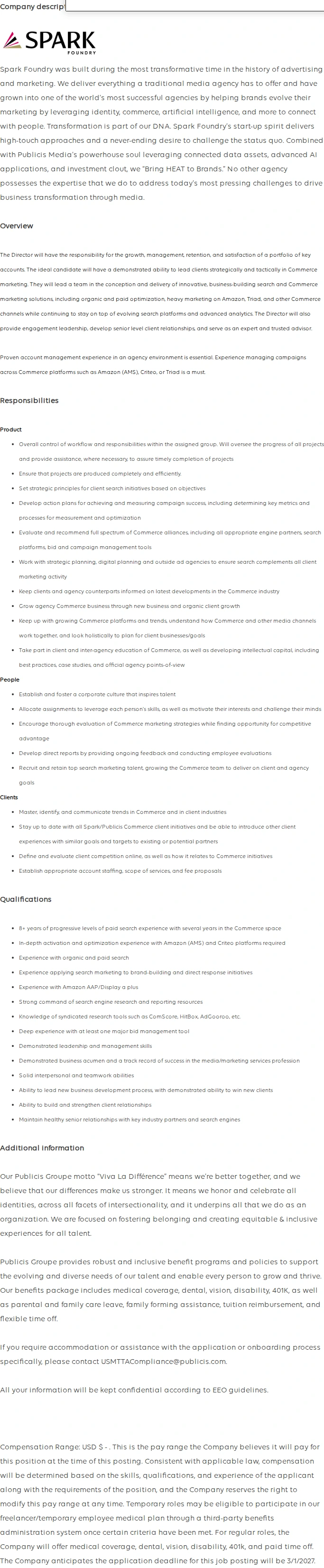 Publicis Groupe Director, Commerce/Retail Media (Amazon) 채용공고