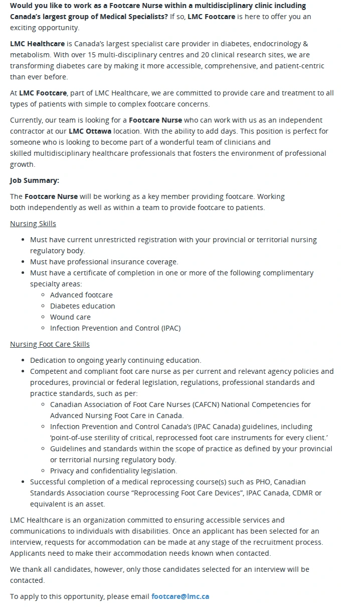 LMC Healthcare Footcare Nurse (Independent Contractor) 채용공고