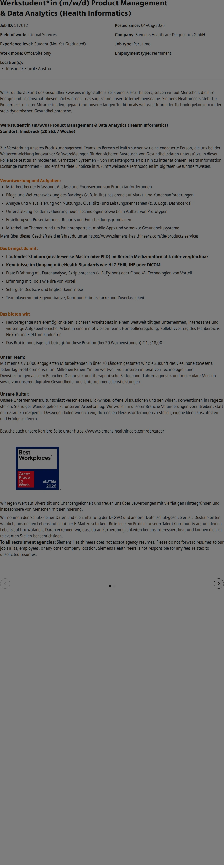 SiemensHealthineers Werkstudent*in (m/w/d) Product Management & Data Analytics (Health Informatics) 채용공고