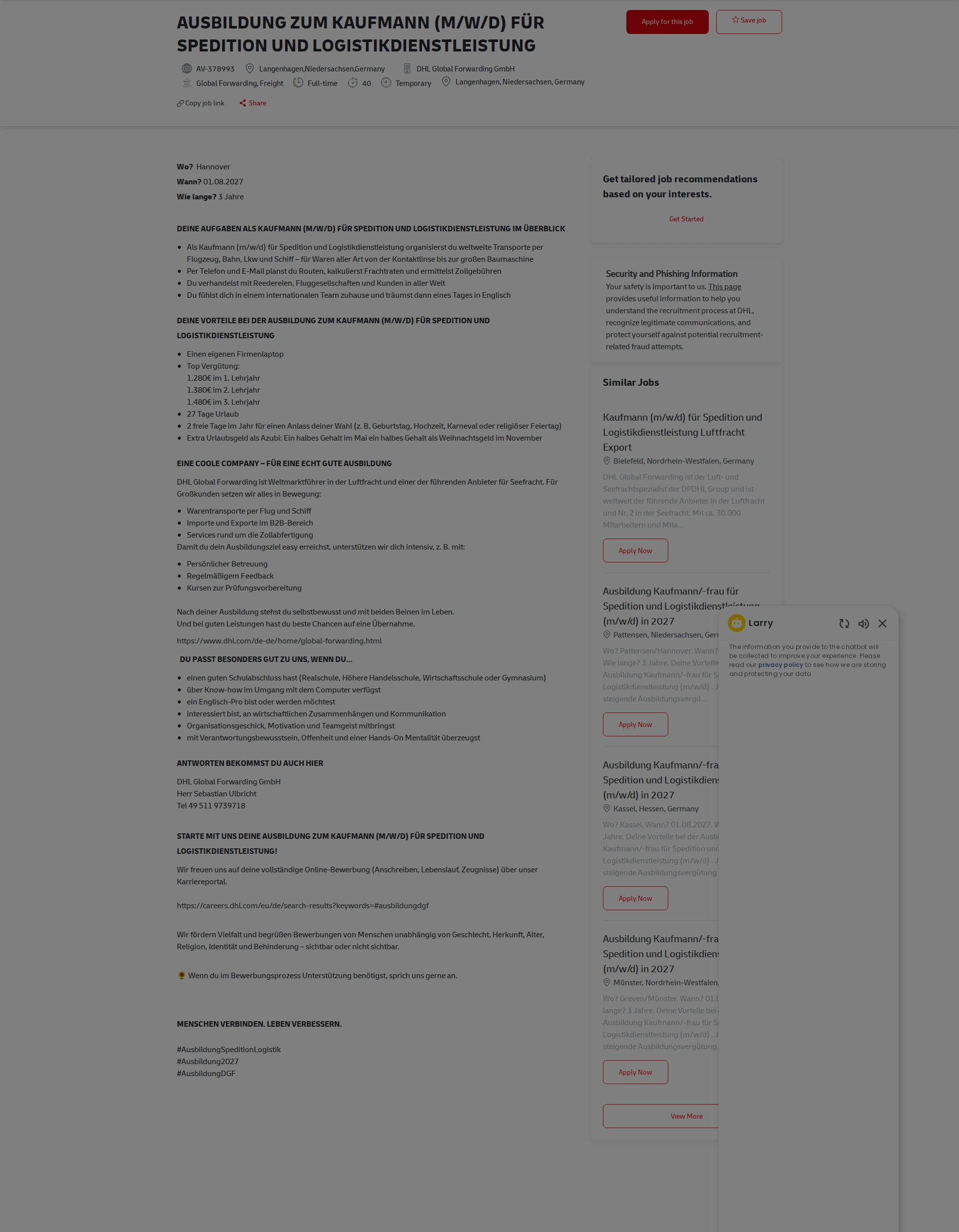 DHL AUSBILDUNG ZUM KAUFMANN (M/W/D) FÜR SPEDITION UND LOGISTIKDIENSTLEISTUNG 채용공고