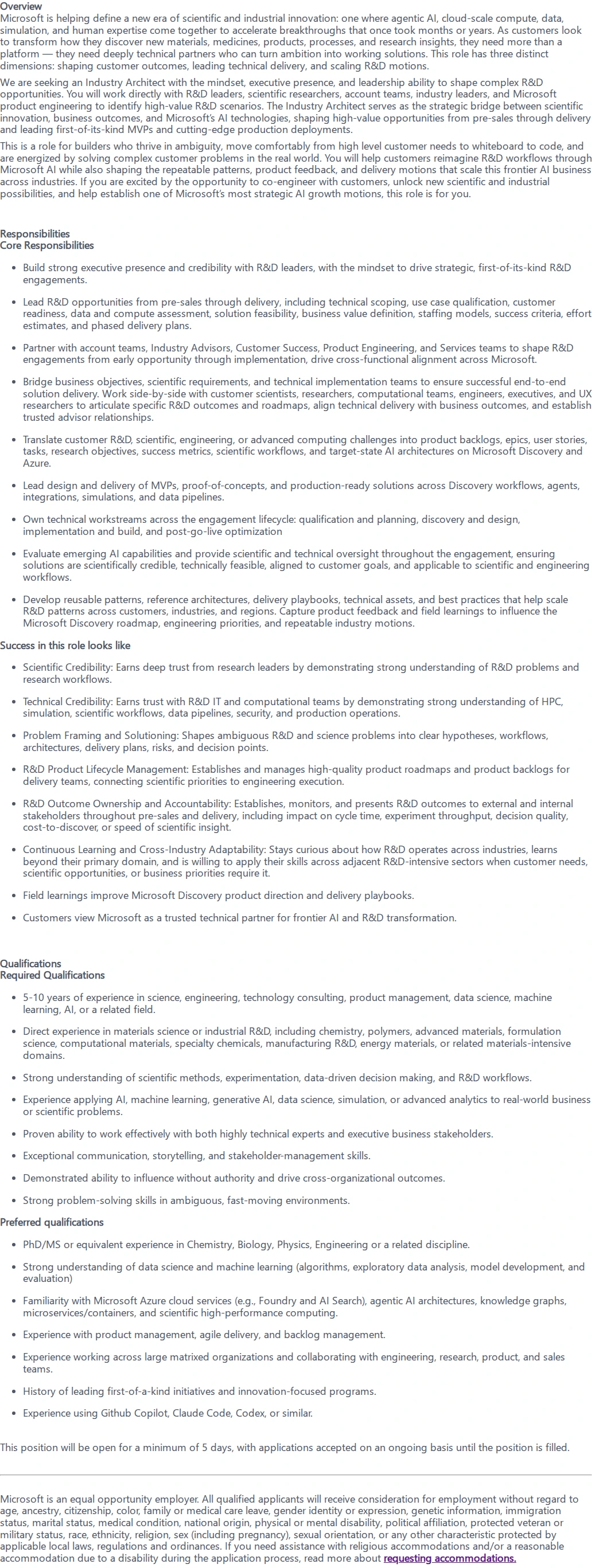 마이크로소프트(Microsoft) Industry Architect, Material Sciences and Manufacturing 채용공고