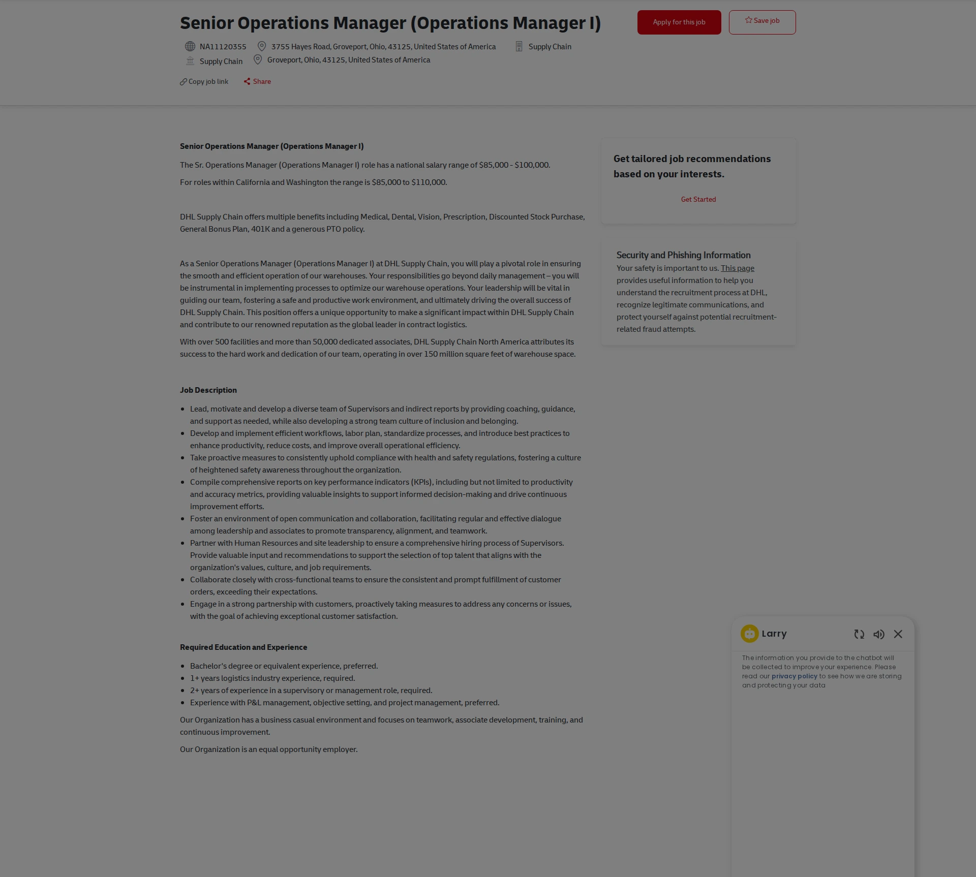 DHL Senior Operations Manager (Operations Manager I) 채용공고