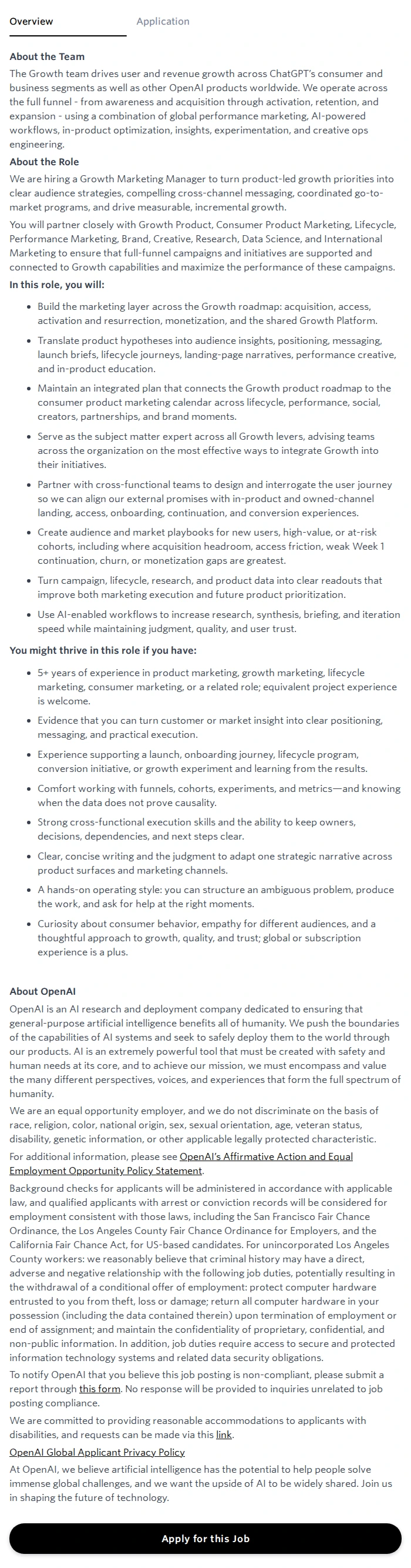 오픈에이아이(OpenAI) Growth Product Marketing Manager 채용공고