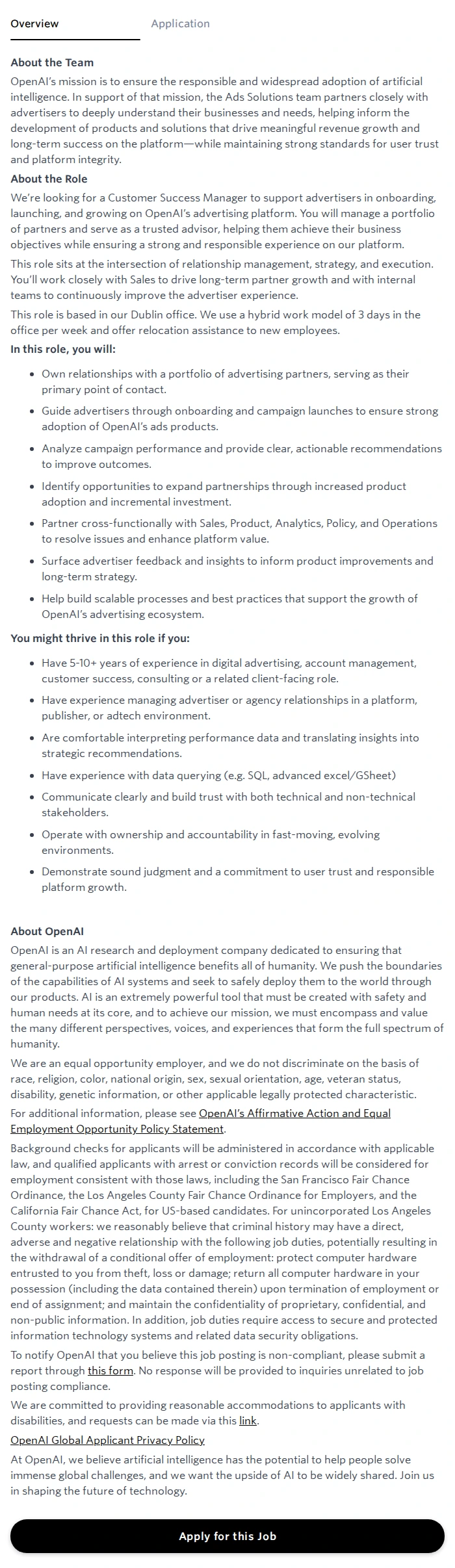 오픈에이아이(OpenAI) Customer Success Manager - Ads Solutions 채용공고