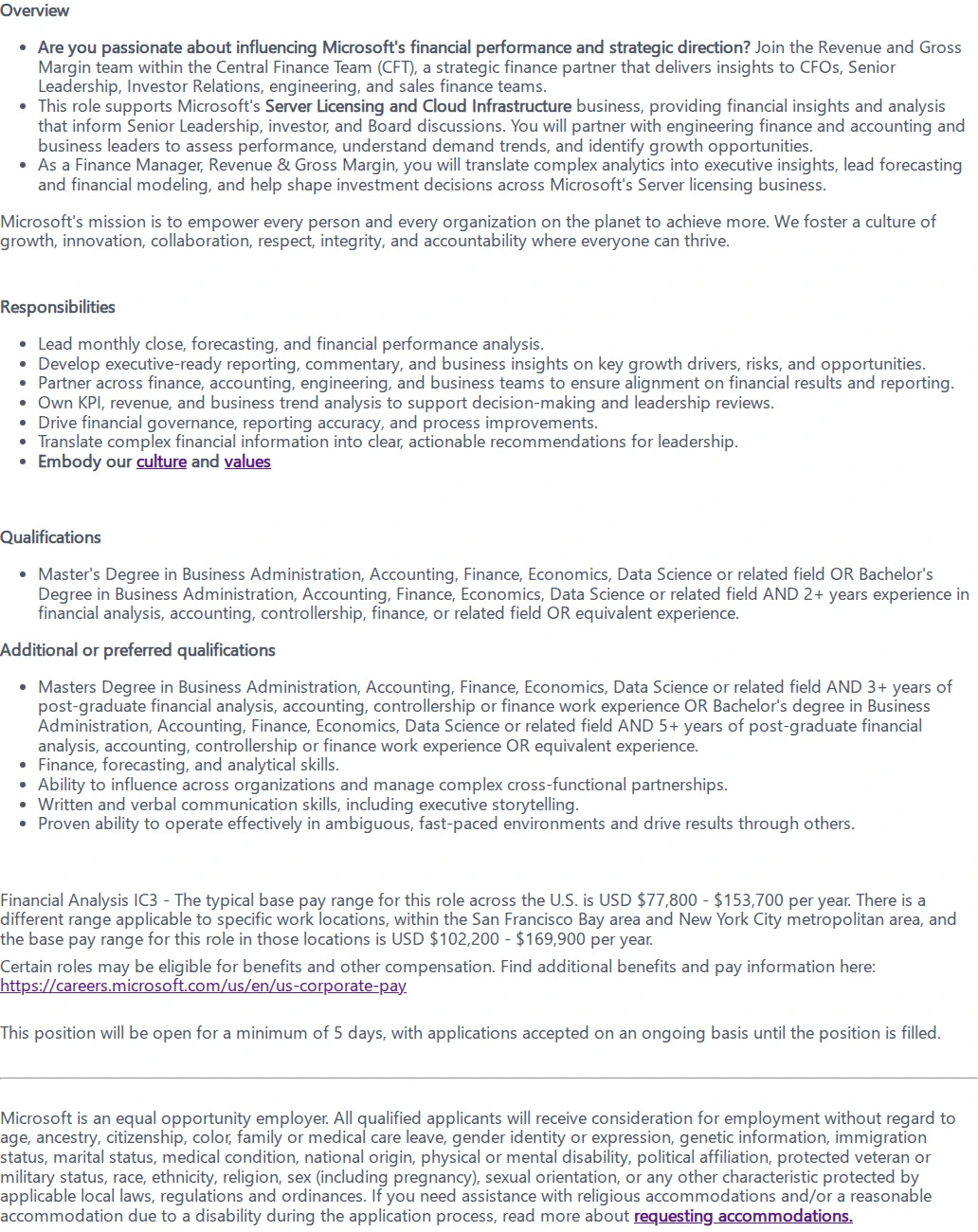 마이크로소프트(Microsoft) Finance Manager, Revenue & Gross Margin 채용공고