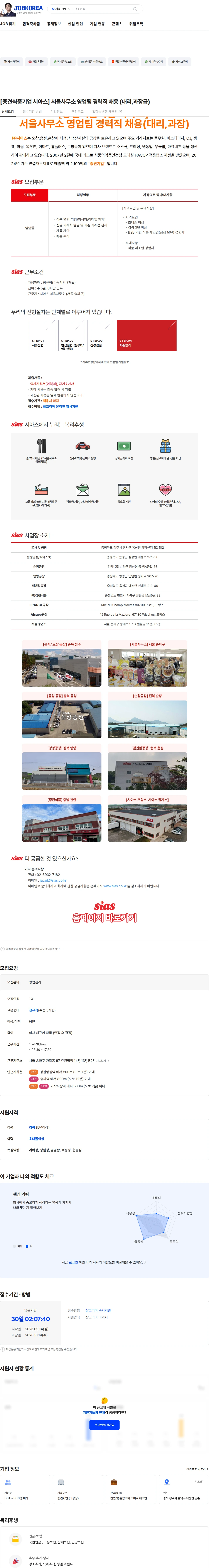 시아스 [중견식품기업 시아스] 서울사무소 영업팀 경력직 채용 (대리,과장급) 채용공고
