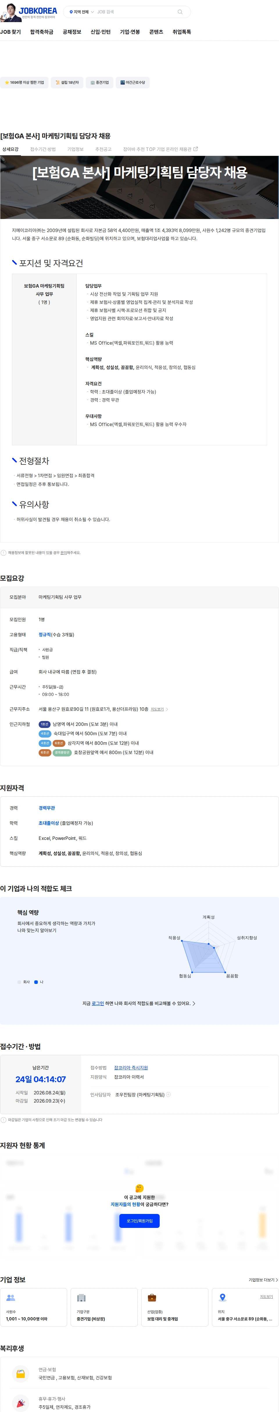 지에이코리아 [보험GA 본사] 마케팅기획팀 담당자 채용 채용공고