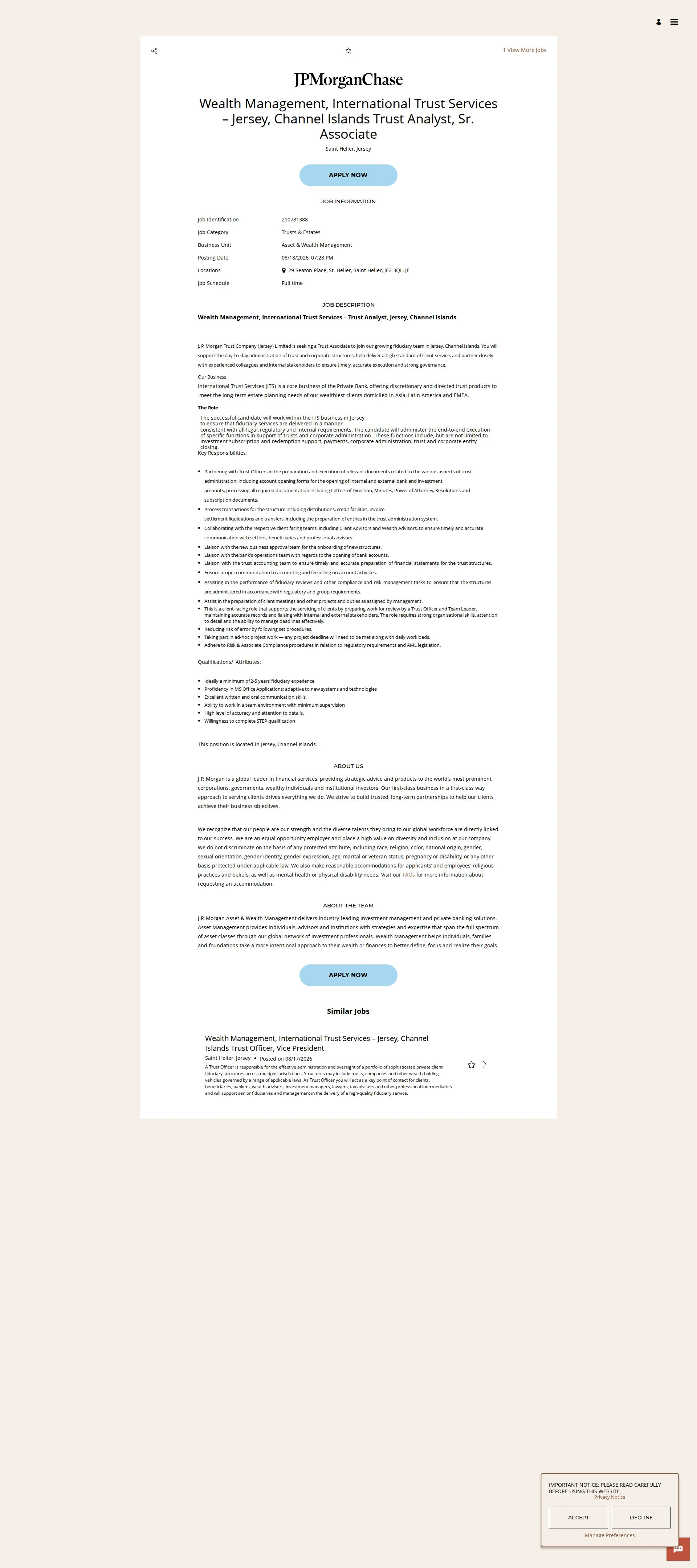 JPMorganChase Wealth Management, International Trust Services – Jersey, Channel Islands Trust Analyst, Sr. Associate 채용공고