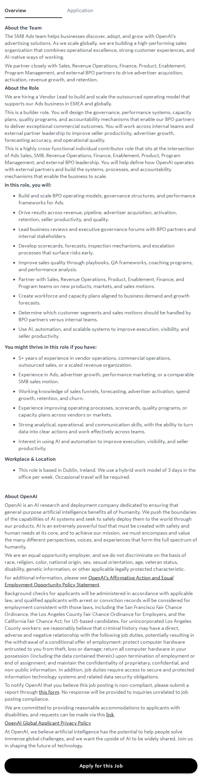 오픈에이아이(OpenAI) EMEA Vendor Lead, Ad Sales 채용공고