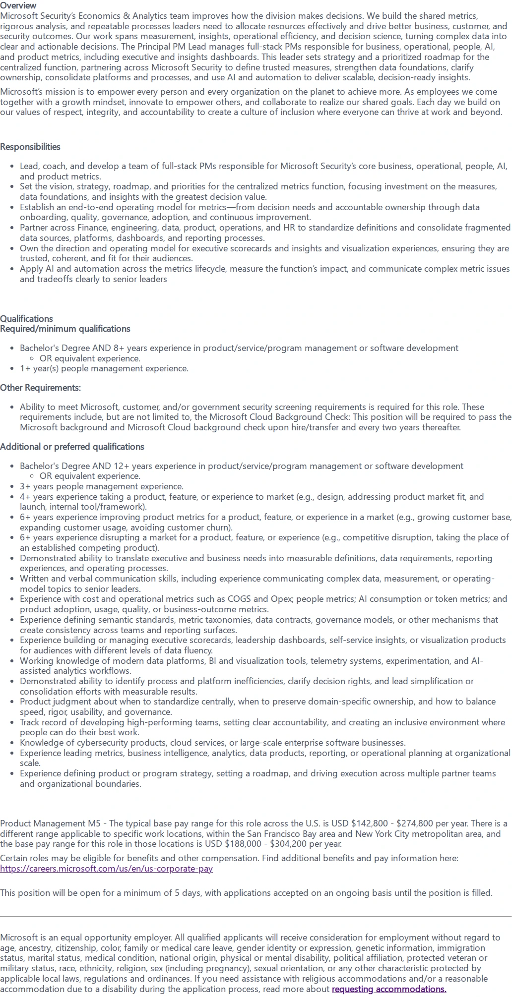 마이크로소프트(Microsoft) Principal Product Management Lead- Analytics 채용공고