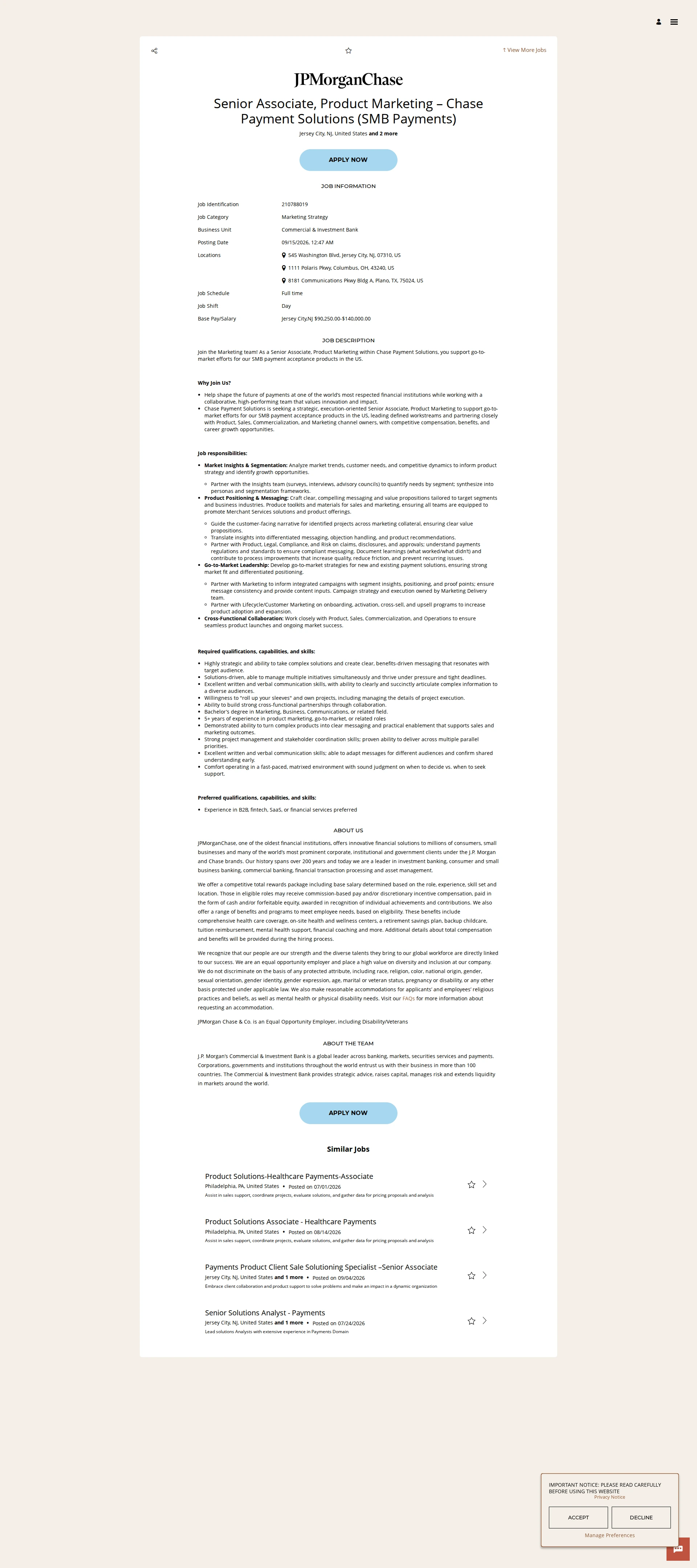 JPMorganChase Senior Associate, Product Marketing – Chase Payment Solutions (SMB Payments) 채용공고