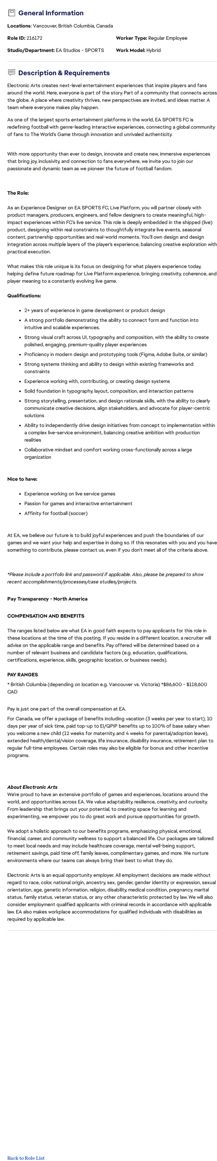 ElectronicArts Experience Designer 채용공고