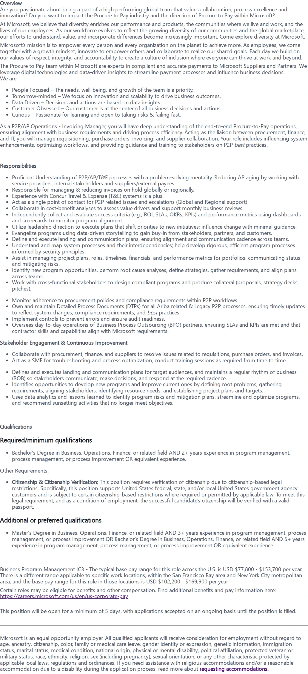 마이크로소프트(Microsoft) P2P/AP Operations - Invoicing Manager 채용공고