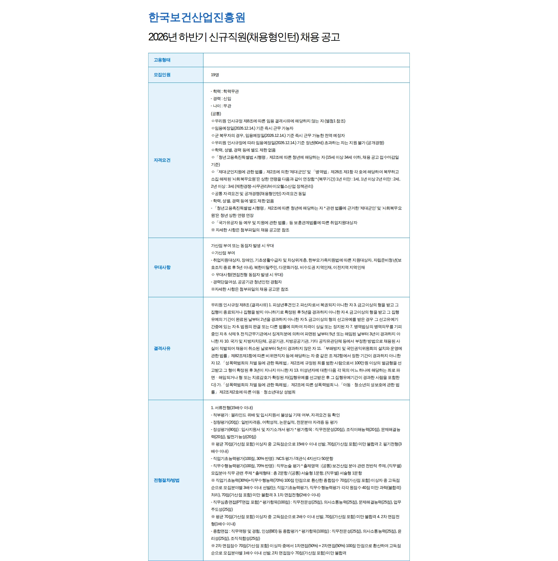 한국보건산업진흥원 2026년 하반기 신규직원(채용형인턴) 채용 공고 채용공고
